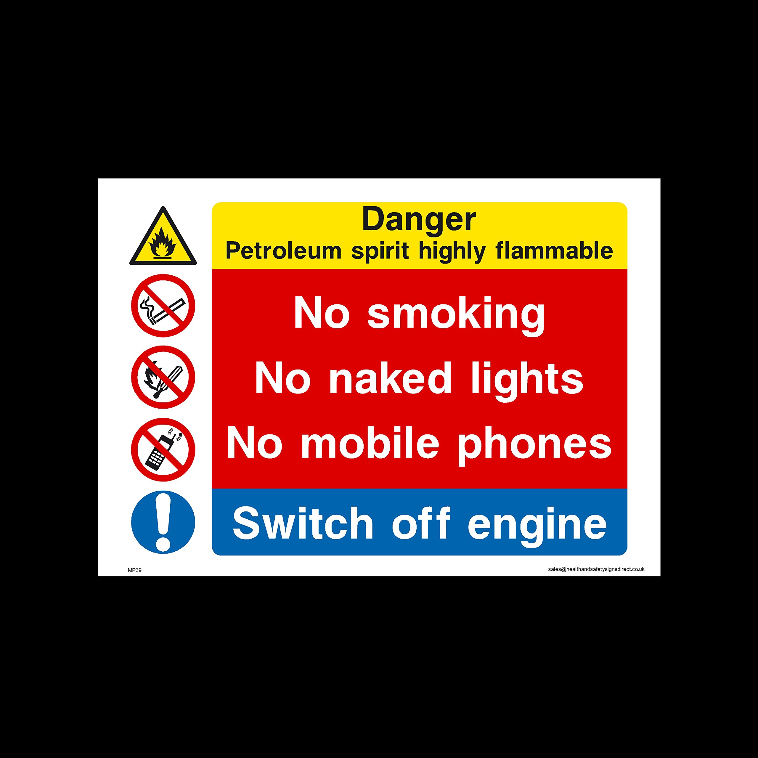 Ussp&S Men's Danger Petroleum Spirit Highly Flammable - No Smoking Plastic Sign (Mp39) - Danger, Caution, Flammable, Ear Protection, No Smoking, Harness, At Work