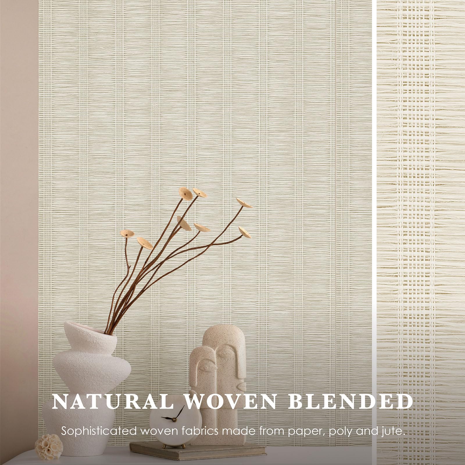 GoDear Design Natural Woven Rustic Wallpaper Fabric for Home Remodel and DIY Project, Faux Bamboo Textured for Furniture Renovation Dcor Table Runner, 58.4 cm W x 243.8 cm L Non-Pasted Paper, Purity - Image 2