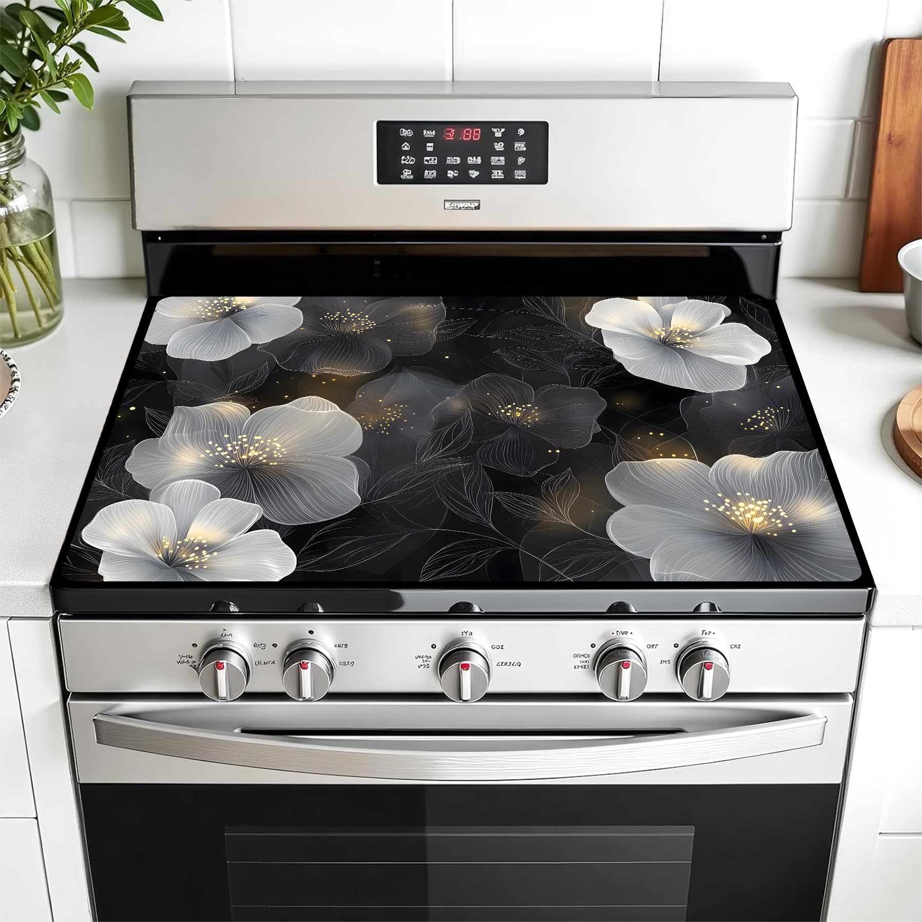 Multi-Design Stove Top Cover for Glass/Electric Stoves - 3-in-1 Heat-Resistant Protector Mat, Non-Slip Drying Rack 28"x20" (White Flowers, 28" L x 20" W)