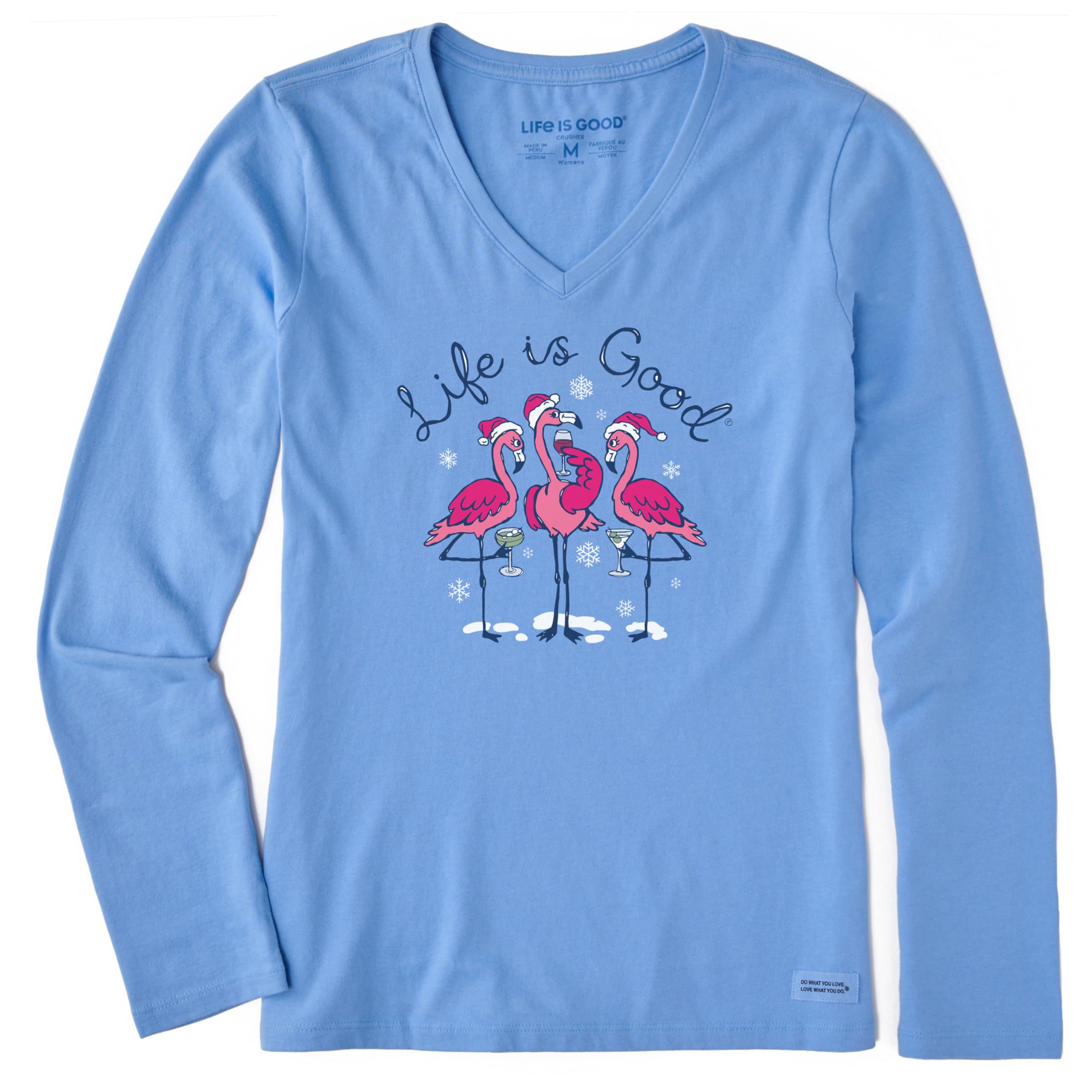 Life Is Good Women's Cornflower Blue Standard Crusher Tee, Long Sleeve Cotton Graphic T-Shirts, Flamingo Holiday Cocktails,