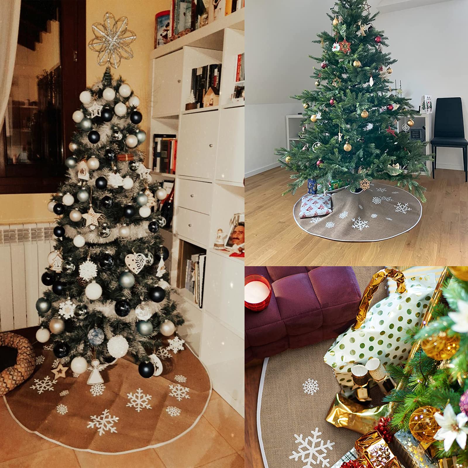 Jupe De Sapin De Noël En Lin 120 Cm – Tapis Arbre Flocons De Neige Blancs – Décoration Festive Élégante
