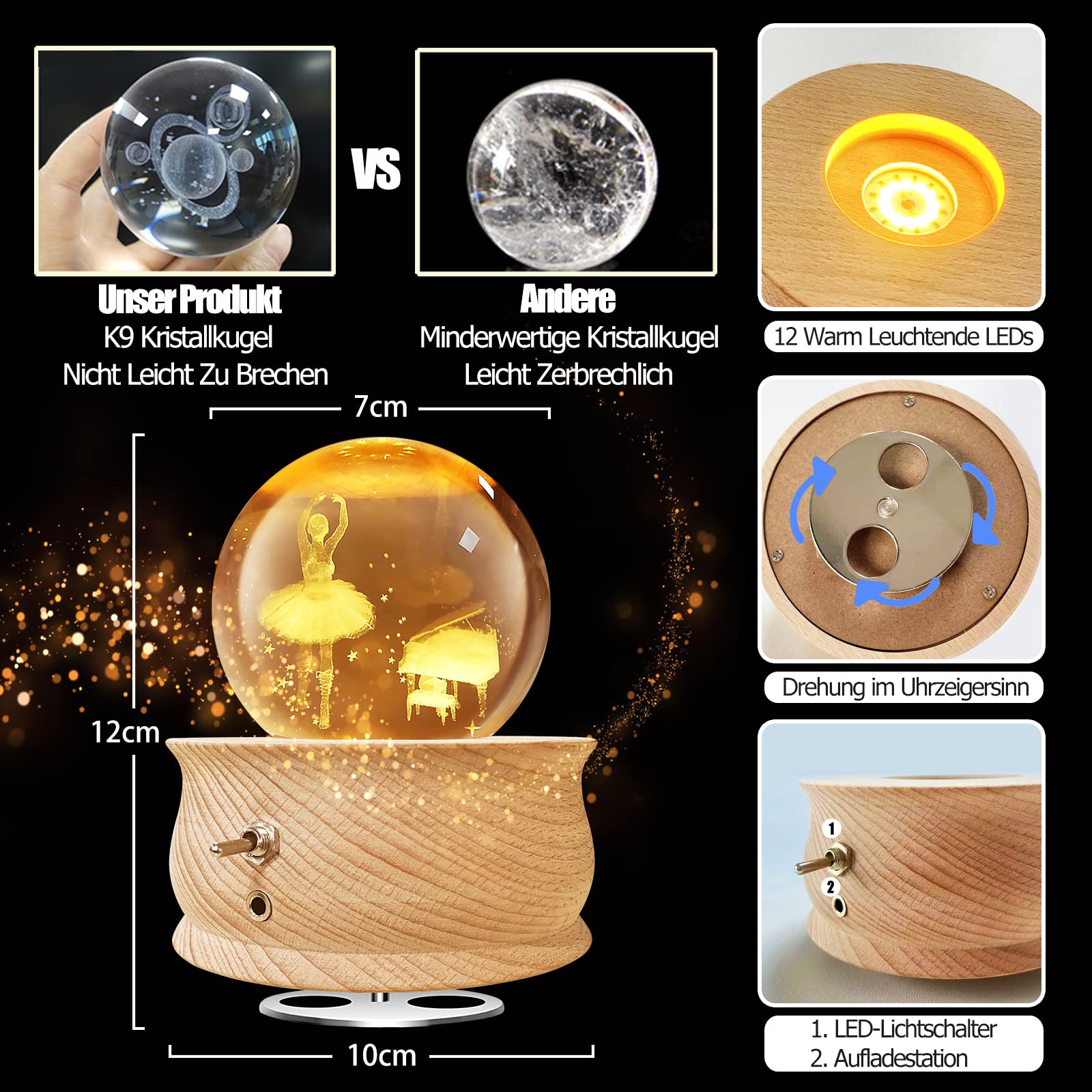 Wholede Boule à Musique en Cristal, Boîte à Musique en Bois avec 360 ° Rotation, Fonction de Projection, Musique Apaisante, Cadeau pour Femme, Noël, Saint Valentin, Fête des Mères