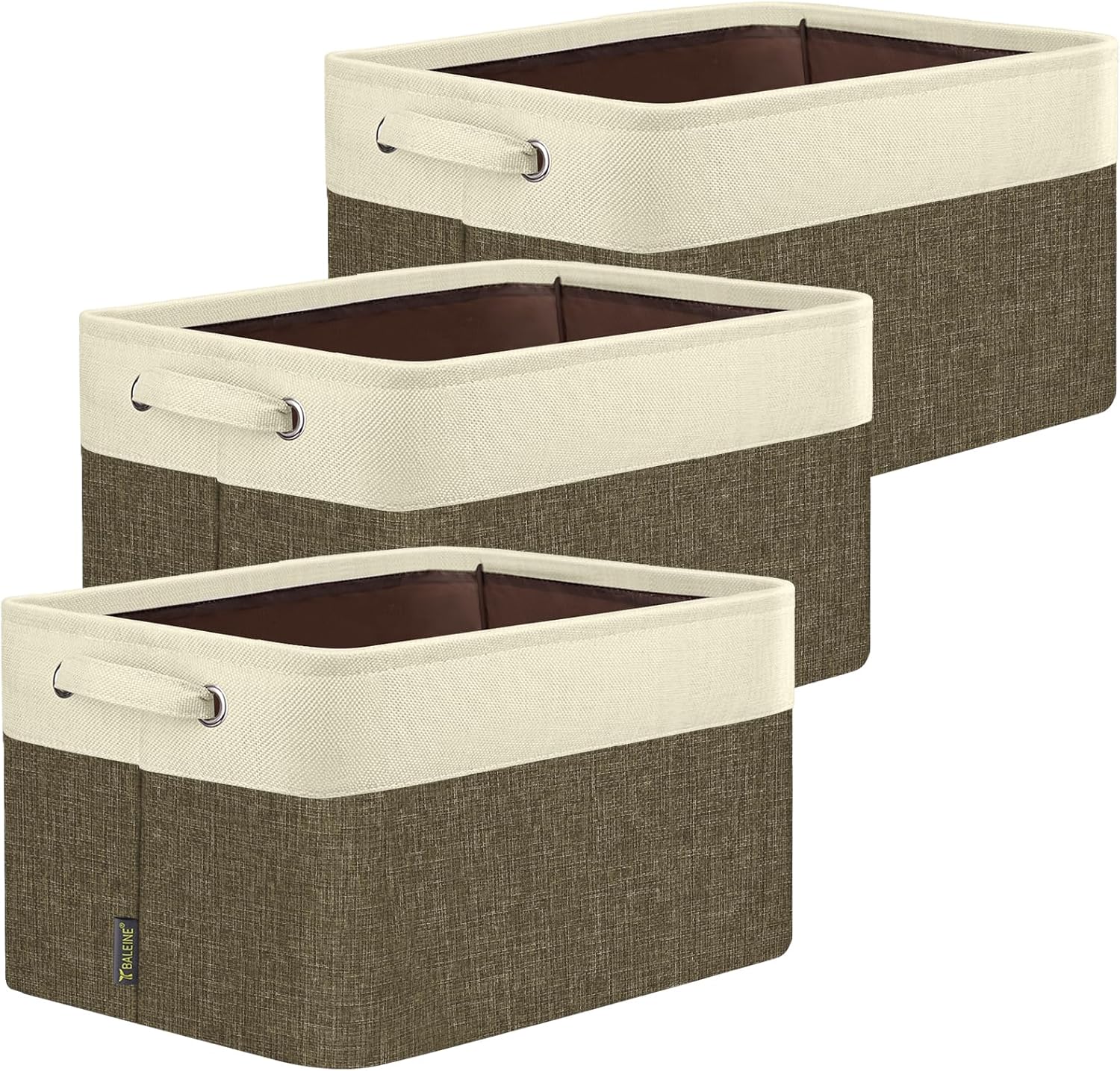 BALEINE 3 Pack Fabric Storage Bins for Shelves, Linen Storage Baskets for Organizing, Decorative Closet Bins for Clothes, Home (Brown, 12"x8"x8") Brown 3PCS/Small-12x8x8