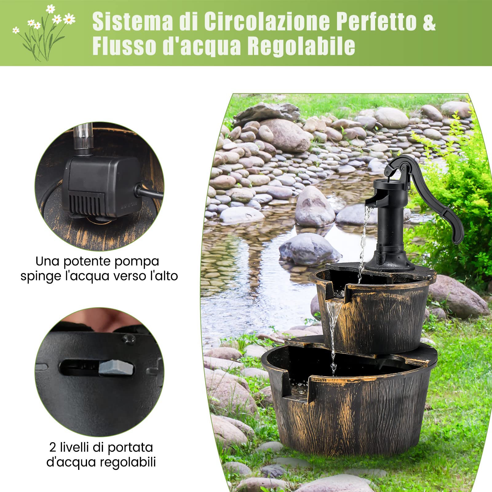 COSTWAY Fontana da Giardino, Fontana da Esterno a 2 Livelli con Pompa Regolabile e Ricircolo di Acqua, Fontanella per Giardino Prato e Terrazza, 45,5 x 41 x 68 cm, Bronzo Antico