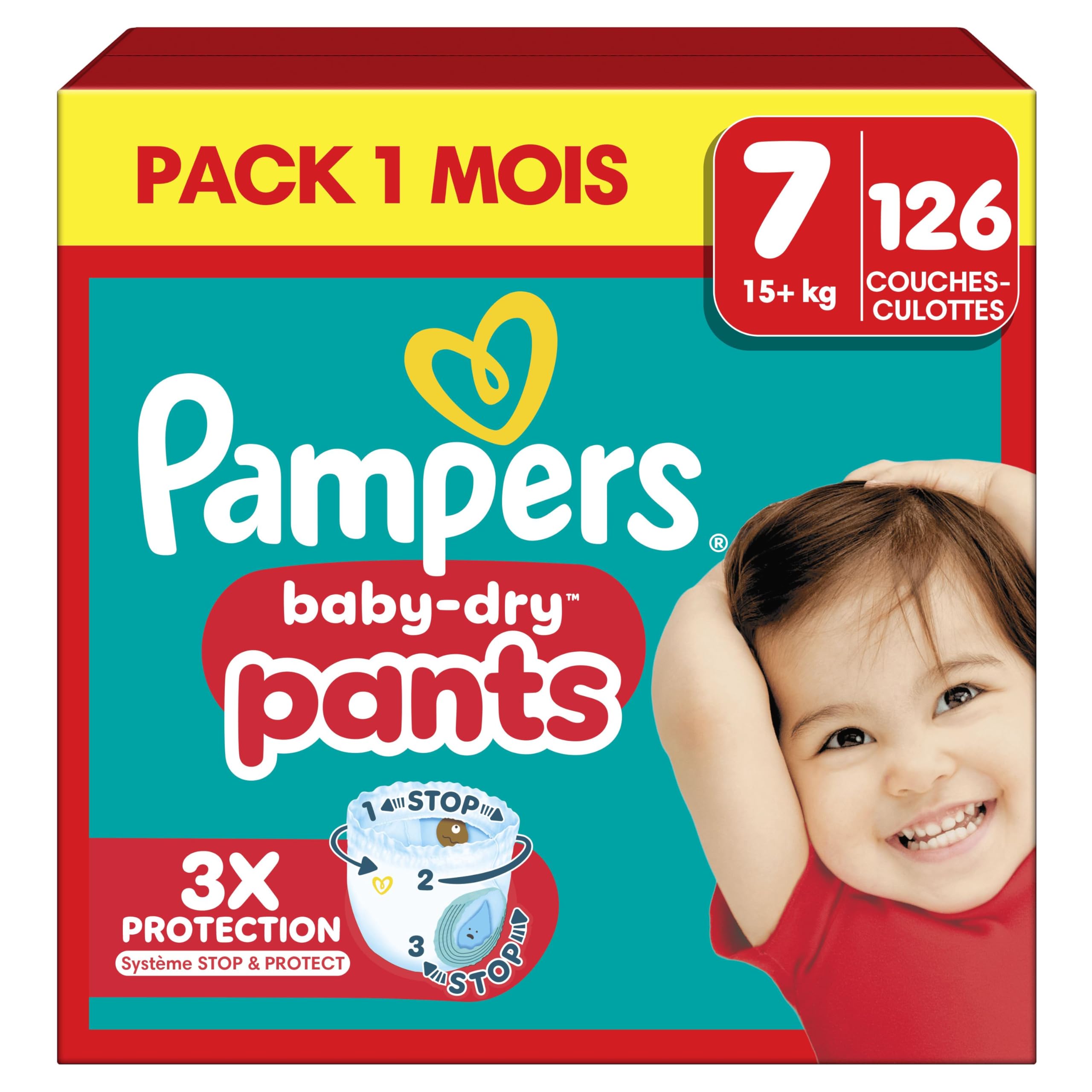 Pampers Baby-Dry Pants, Taille 7, 126 Couches-Culottes, 17kg+, Maintien 360° Contre Les Fuites Avec Une Poche Stop & Protect Pour Une Nuit Jusqu'à 100% Sans Fuites, Pack 1 Mois