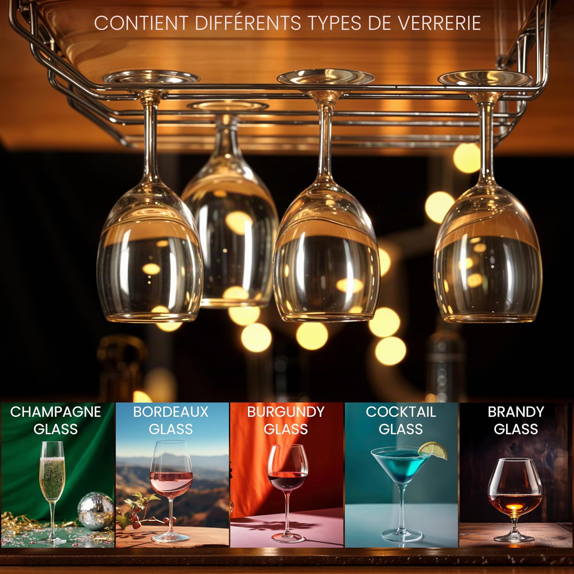 BELLE VOUS Lot de 4 Porte Verres Suspendu en Acier Chromé avec Vis et Chevilles - Support Verre a Pied Suspendu de 34 x 11 cm - Rangement Verre a Pied pour Bar et Cuisine