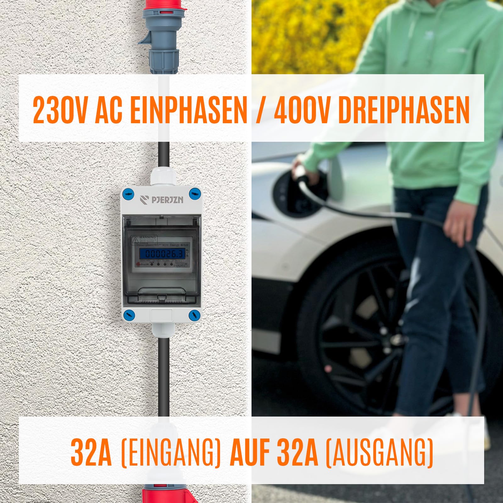 Contador de corriente trifásica de 3 fases, 32 A, 400 V, con enchufe CEE y acoplamiento, cable H07RN-F de 2 m, contador intermedio para enchufe, caja de pared de 11 kW y obras