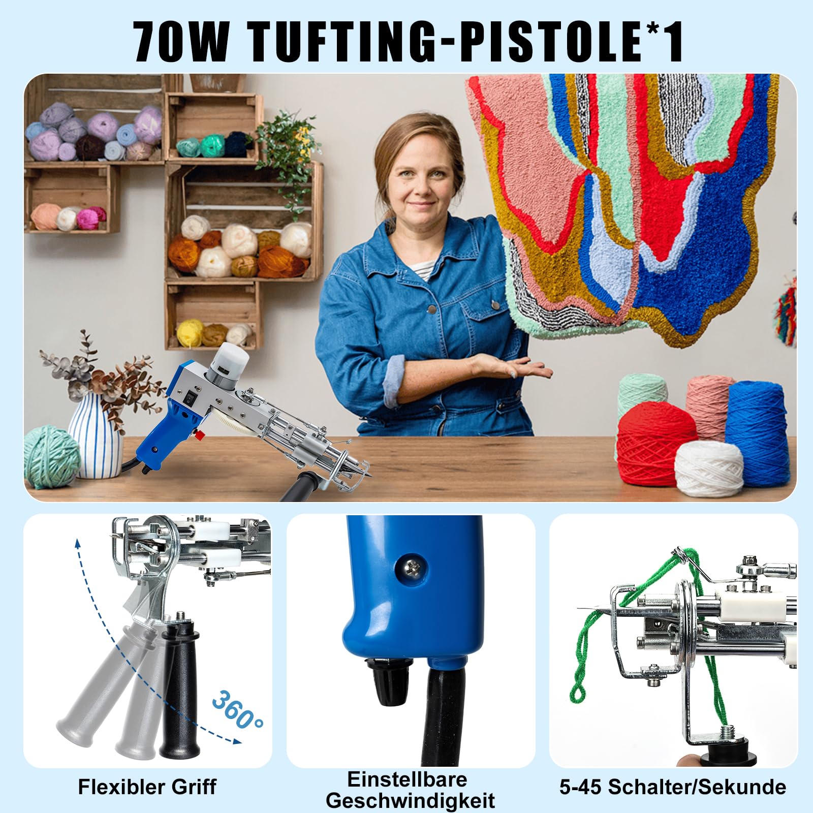 Tufting Gun Set mit Teppich Trimmer & Garn & Tufting Tuch, Teppich Tufting Pistolen Set für High-Speed Weben von Teppichen, Tufting Machine Kit DIY Tools -Blau