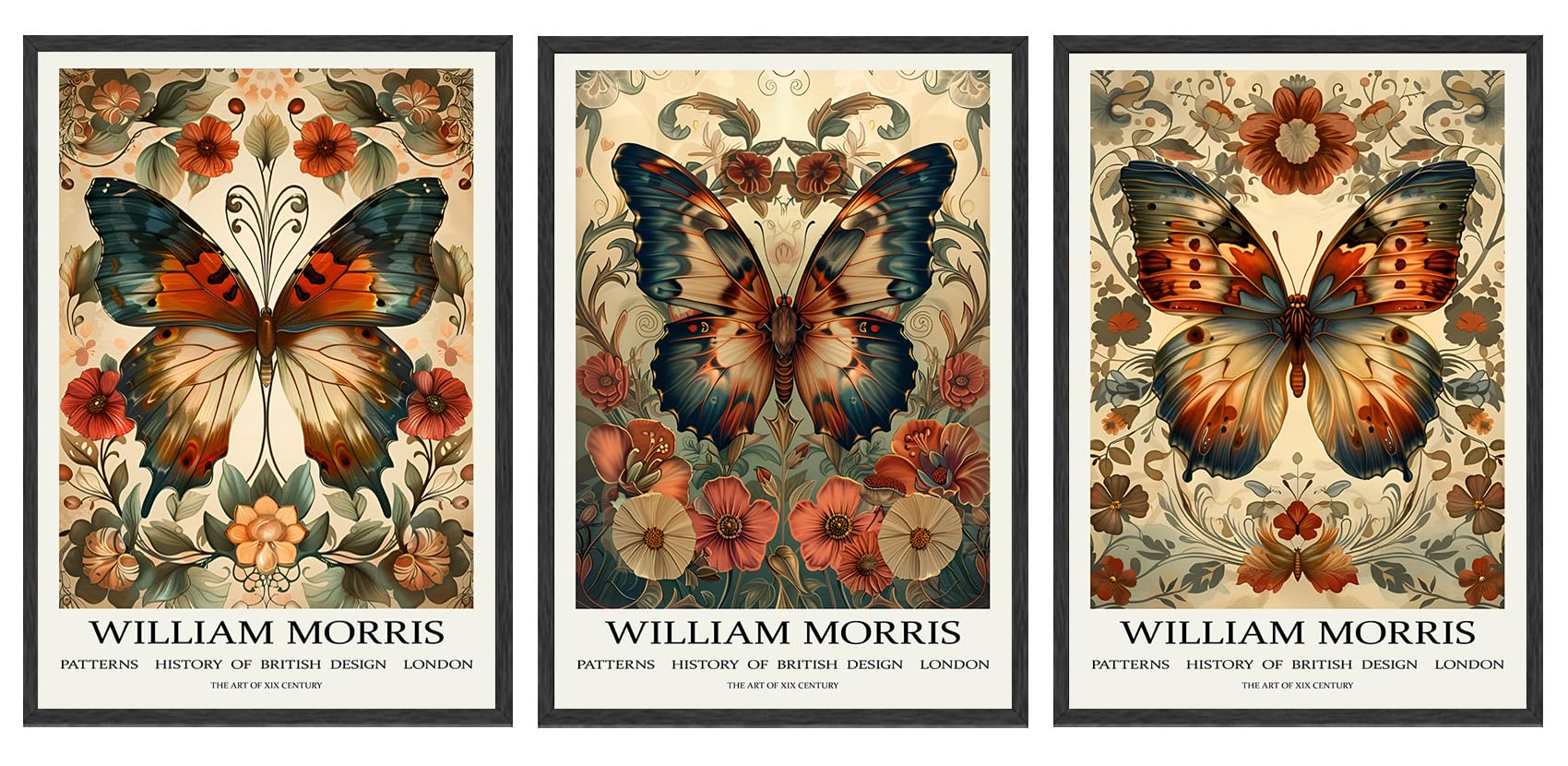 Djmwtb William Morris Wall Art Vintage Butterfly Poster Prints Set of 3 Botanical Flower Aesthetic Pictures Gallery Canvas Artwork Nouveau Painting Decor for Living Room Bedroom 12x16in Unframed
