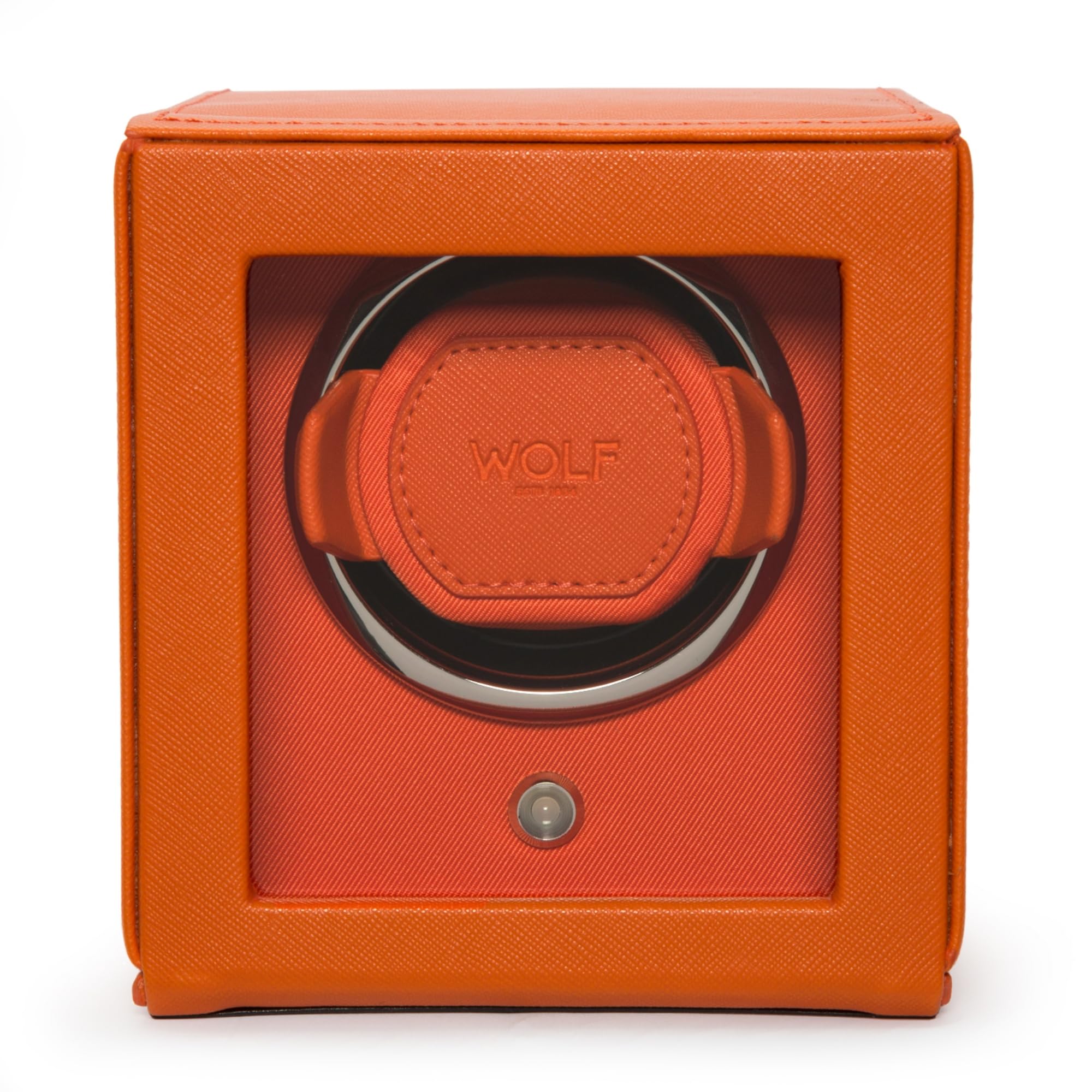 Wolf Cub 461139 - Automatic Watch Winder for 1 Watch with Glass Cover - Orange Saffiano Finish, Chrome Finished Hardware and Orange Grosgrain Faceplate - Patented Rotation Technology