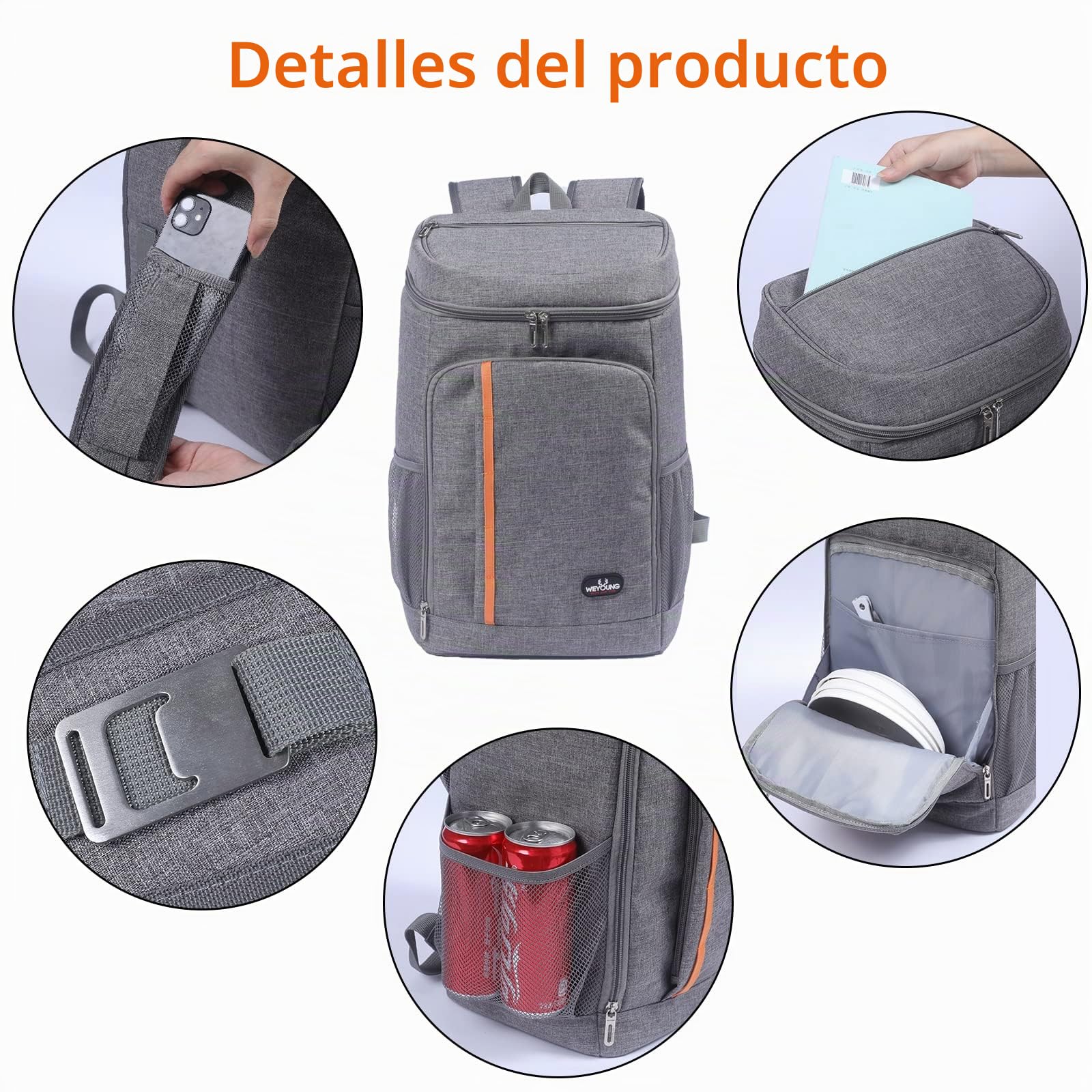28L Mochila de Refrigeración,Mochila Nevera Bolsa Térmica Porta Alimentos Mochila Grande Suave para la Playa/Picnic/Barbacoa/Camping/Fiesta（Gris）