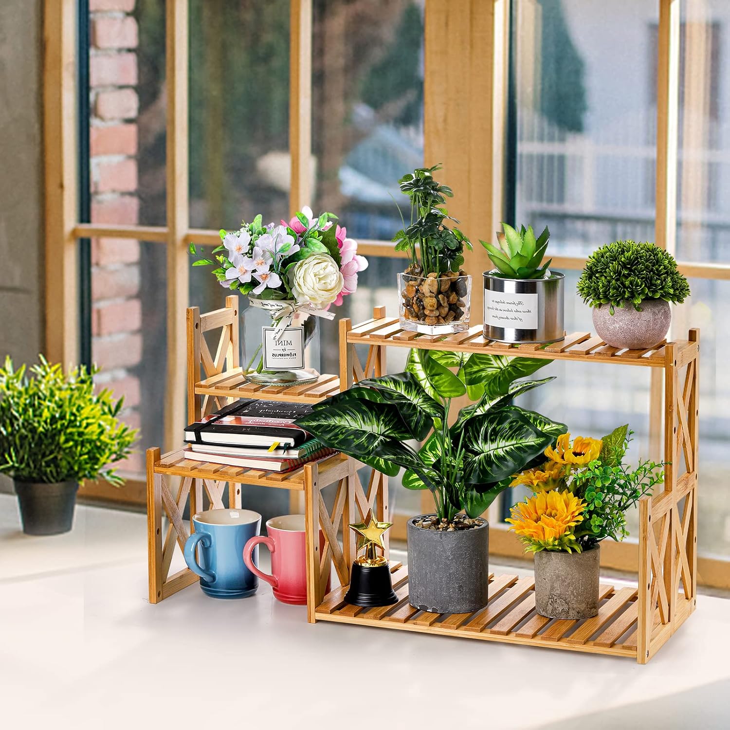 Lawei 2 Tier Bamboo Tabletop Plant Stand, Adjustable Flower Pot Holder Shelf Planter Display Stand, Small Desktop Ladder Plant Rack for Indoor Outdoor Home Patio Lawn Garden Balcony Organizer