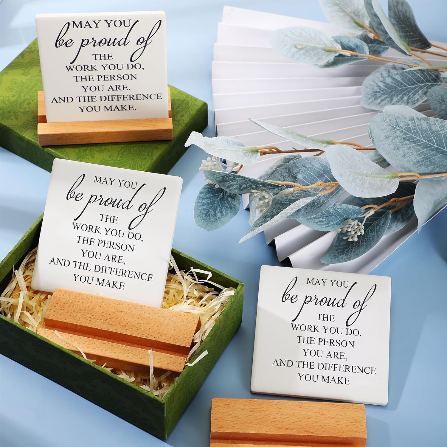 Roowest 20 Pack Inspirational Quotes Ceramic Desk Decor Office Gifts Thank You Sign with Wooden Stand Staff Appreciation Teamwork Gifts for Employee Teacher Nurse Women Men(Proud)