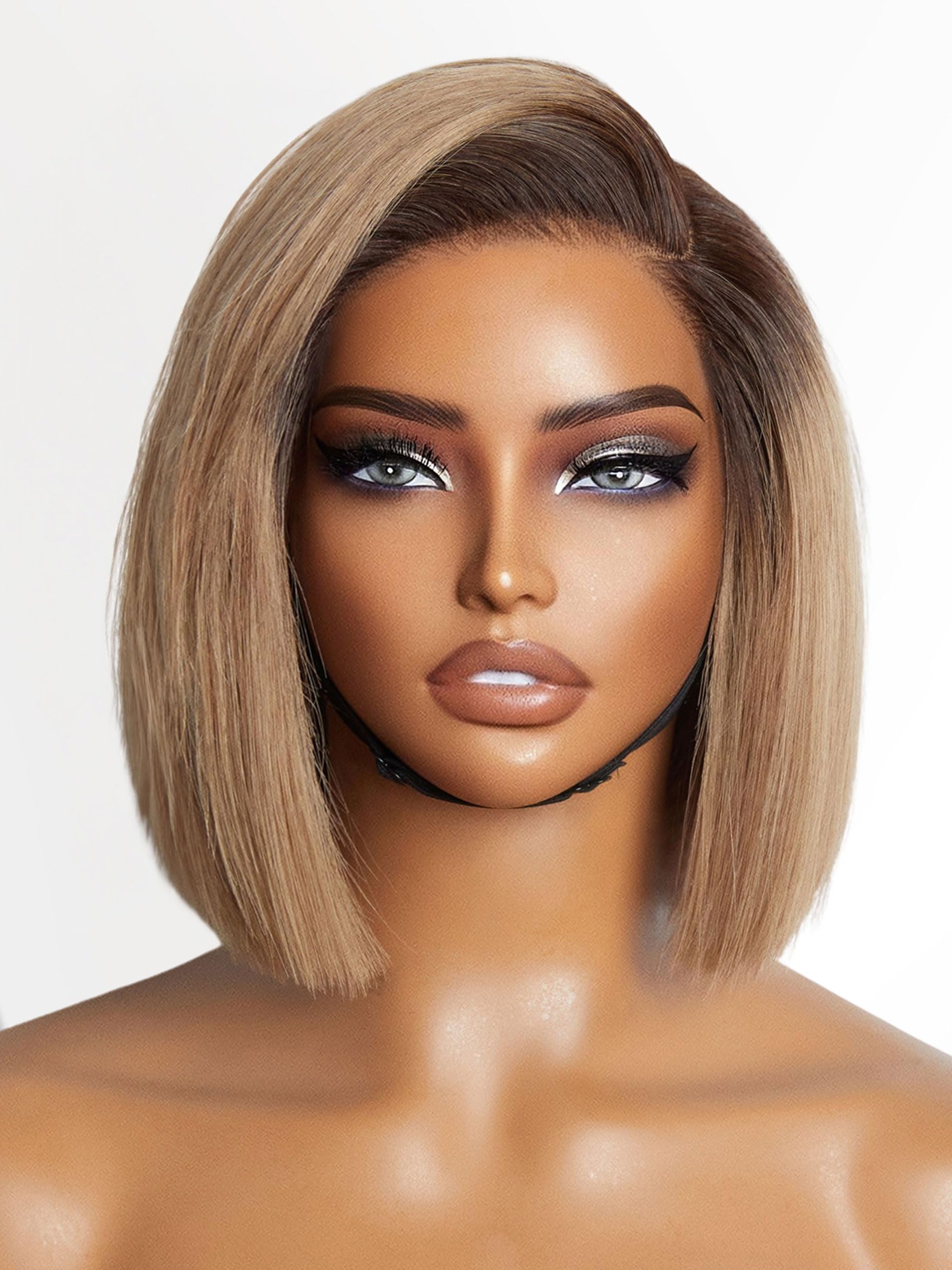 LUVME HAIR 8 Inch Ash Blonde Blunt Cut Bob Wig Human Hair Pre Cut Glueless HD Lace Closure Wig Mature Boss Side Parted Ombre Straight Short Wig