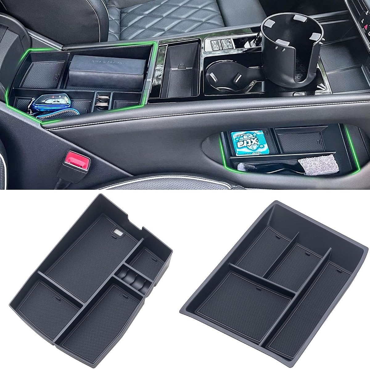 TOPINSTALL 2PCS Console Organizer for 2024-2026 VW Atlas/Atlas Cross Sport | Armrest Organizer & Lower Center Console Tray Bottom Storage Insert with Coin Holder Insert Atlas Interior Accessories