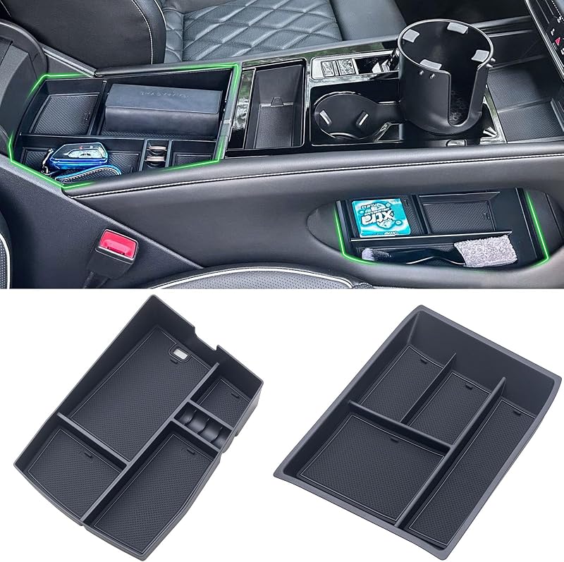 TOPINSTALL 2PCS Console Organizer for 2024-2026 VW Atlas/Atlas Cross Sport | Armrest Organizer & Lower Center Console Tray Bottom Storage Insert with Coin Holder Insert Atlas Interior Accessories