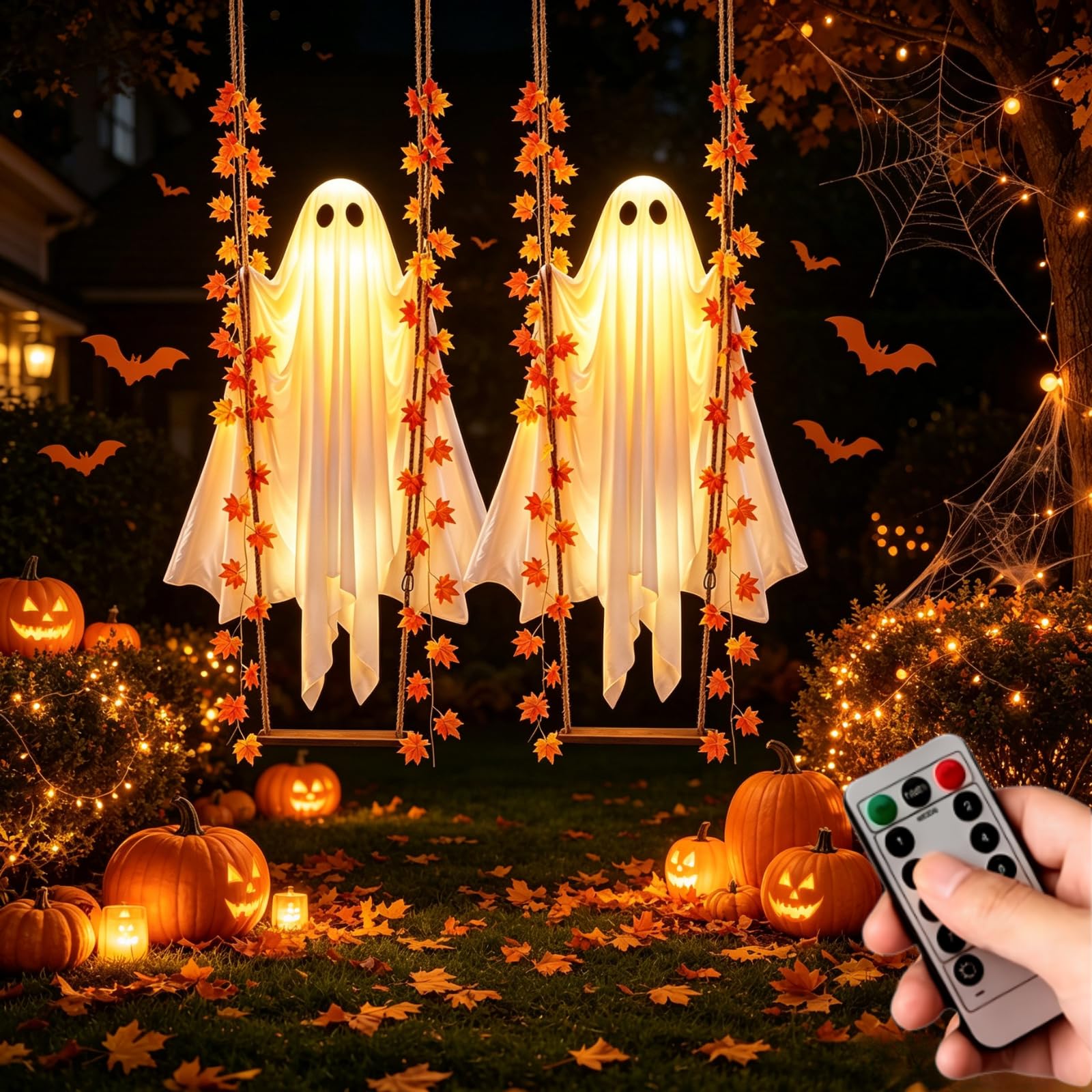 Wiszący duch 1,2 m dekoracja na Halloween, podświetlany duch ozdoba 2 szt. | z huśtawką w kształcie liścia klonu, upiorny uroczy do wewnątrz na zewnątrz drzewo podwórko ganek ogród impreza dekoracja