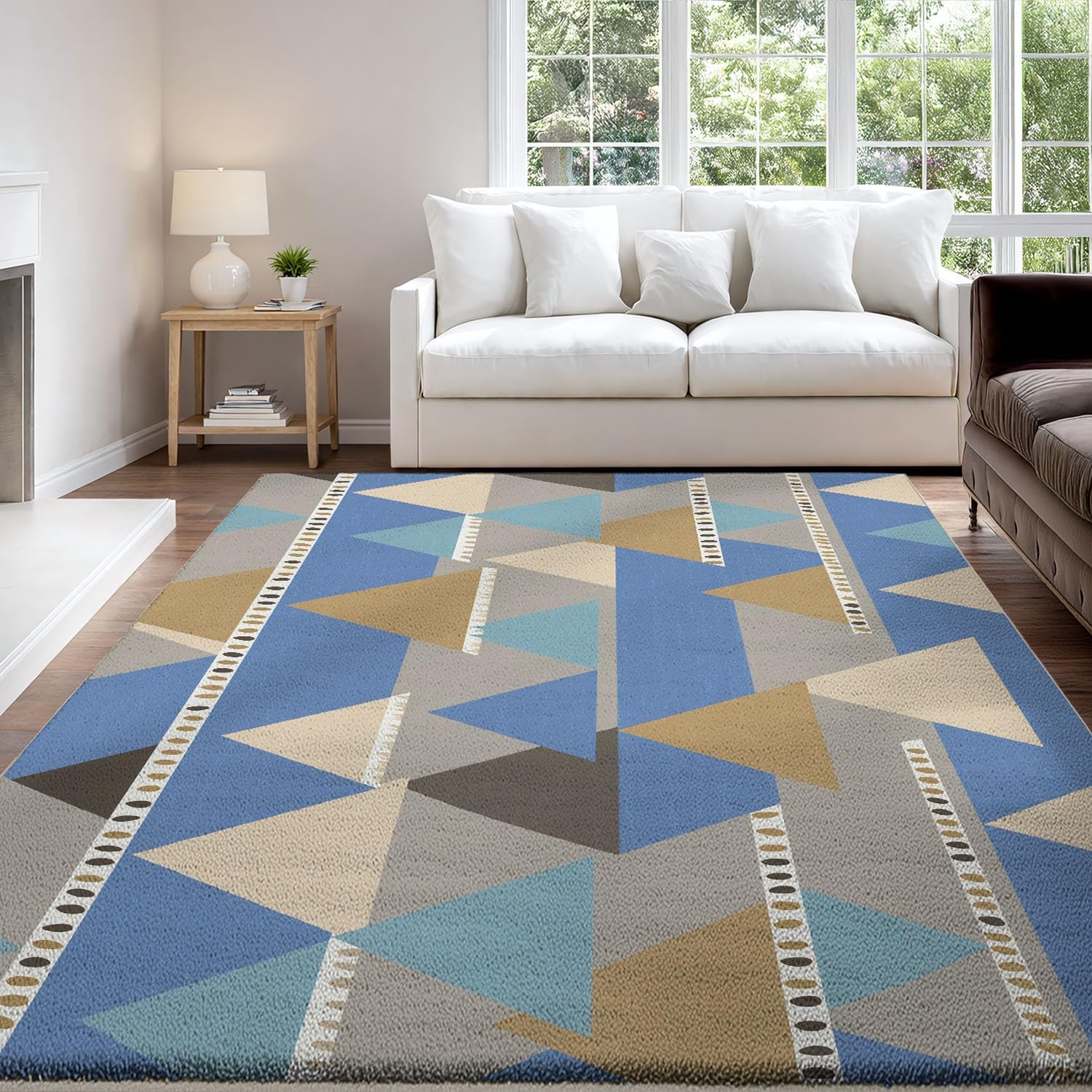 Teppich für Schlafzimmer, Wohnzimmer, Flur - 60 x 120 cm, Weich Microfaser Kurzflorteppiche, Rutschfester, Fusselfrei, Maschinenwaschbar Carpet, Beige, Einfach Geometrisch Dreieck