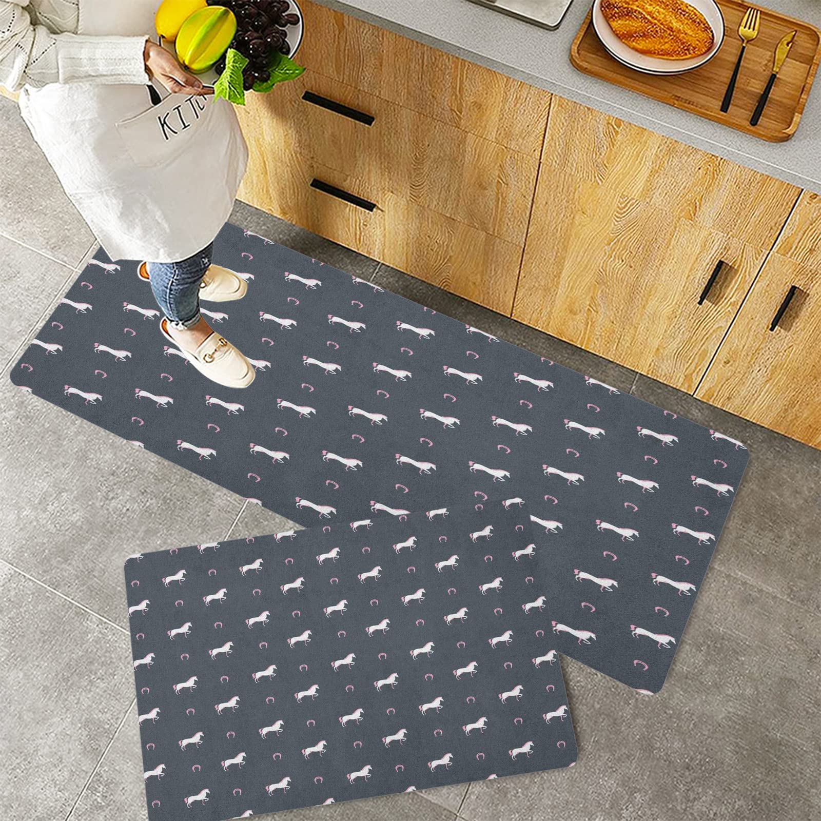 Alfombras Cocina 2 Piezas,Caballos Animal Patrón Sublime Mustang Silueta Vida silvestre Herradura Abstract,Felpudos para Cocina Antideslizante Lavables, Antifatiga Tapete de Cocina, 40x60 cm+40x120 cm