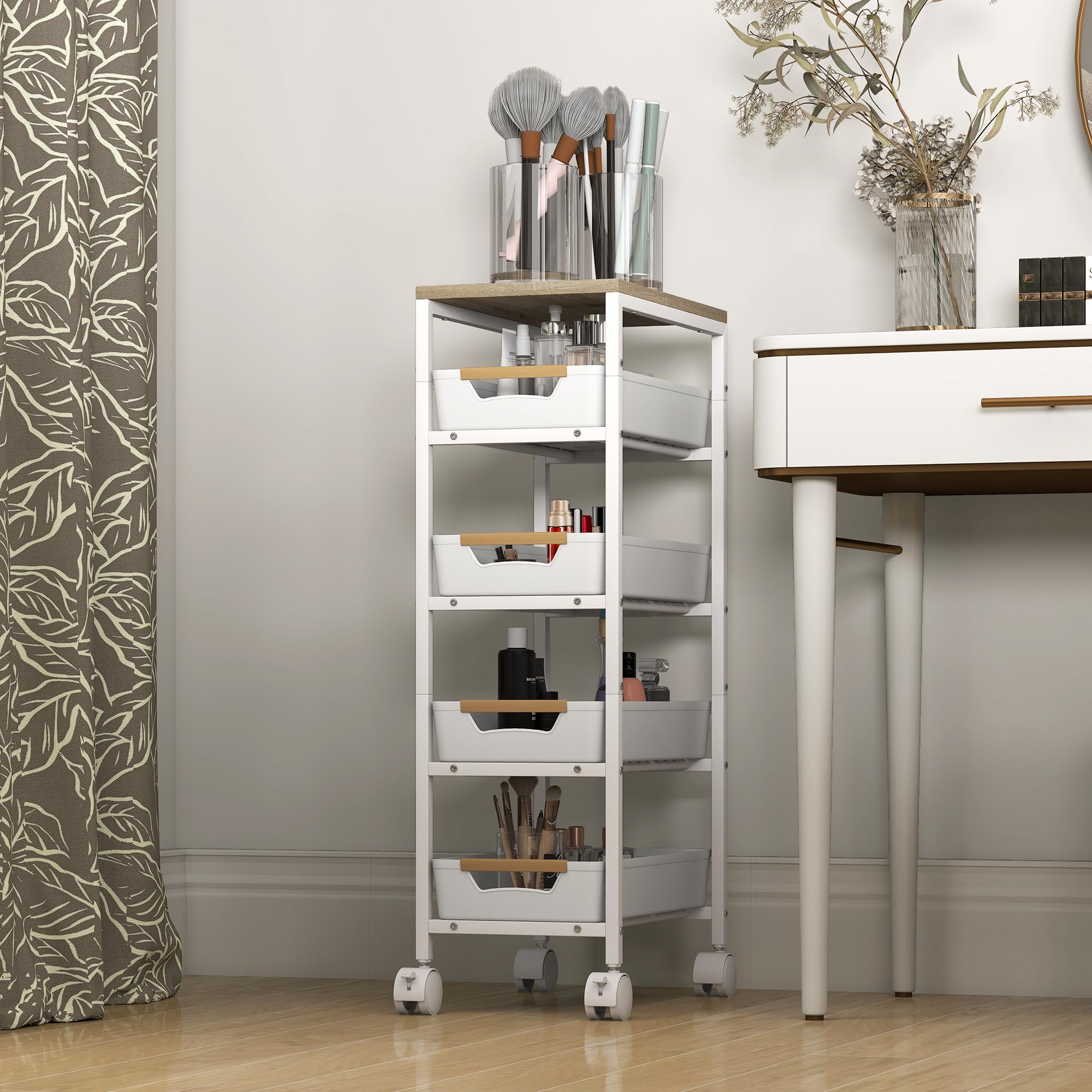 HOMCOM Carrello Cucina 5 Livelli 4 Cassetti 39.5x24x82 cm Bianco e Rovere | Estraibili, 4 Rotelle, Carrello Portavivande Salvaspazio, Metallo PP e Legno