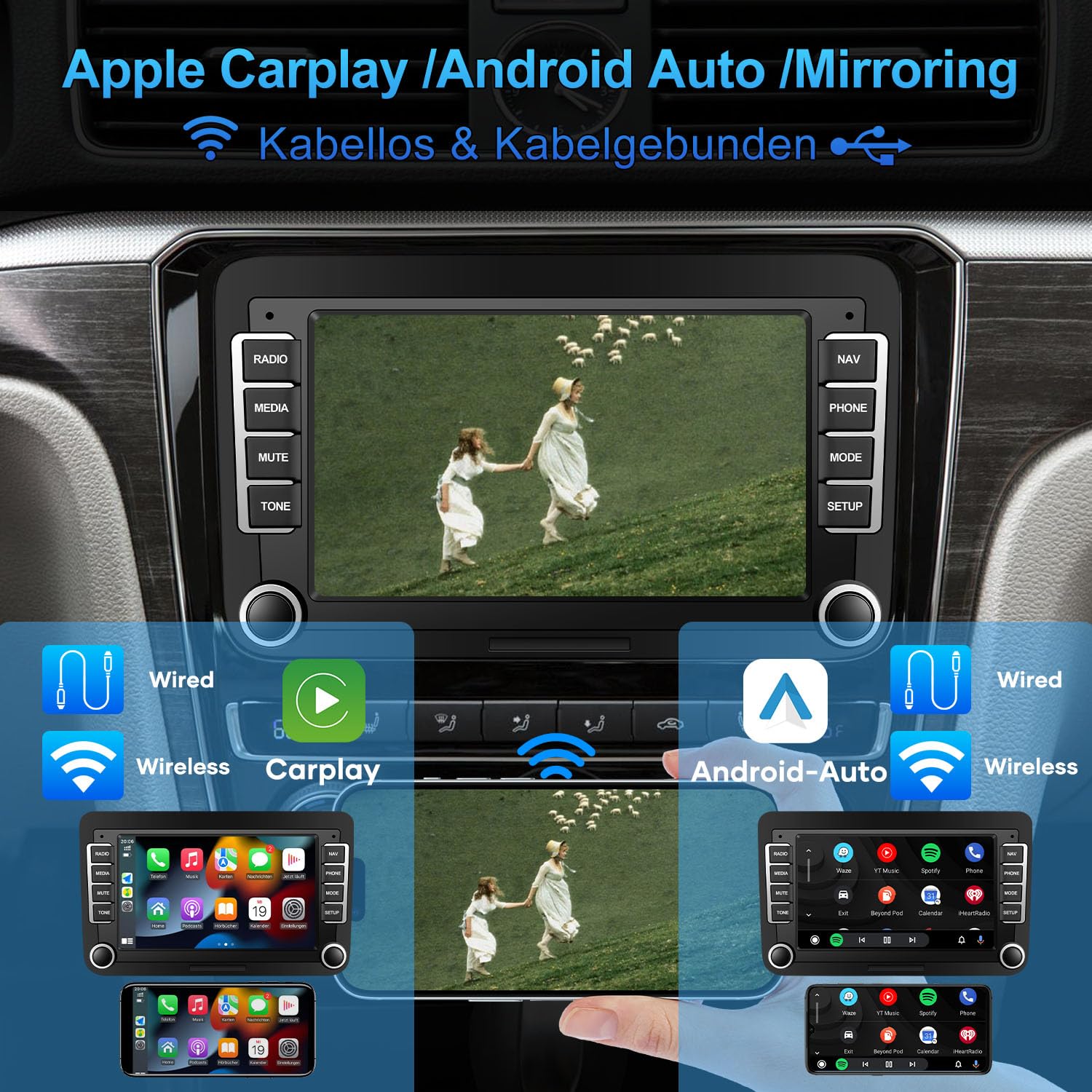 Autoradio mit Bildschirm Bluetooth für VW Polo Golf 5 6 T5 Passat Caddy Seat Skoda, 2Din Auto Radio 7 Zoll Touch Display Android 14,mit DAB Navi WLAN Carplay Android Auto Lenkrad Strg