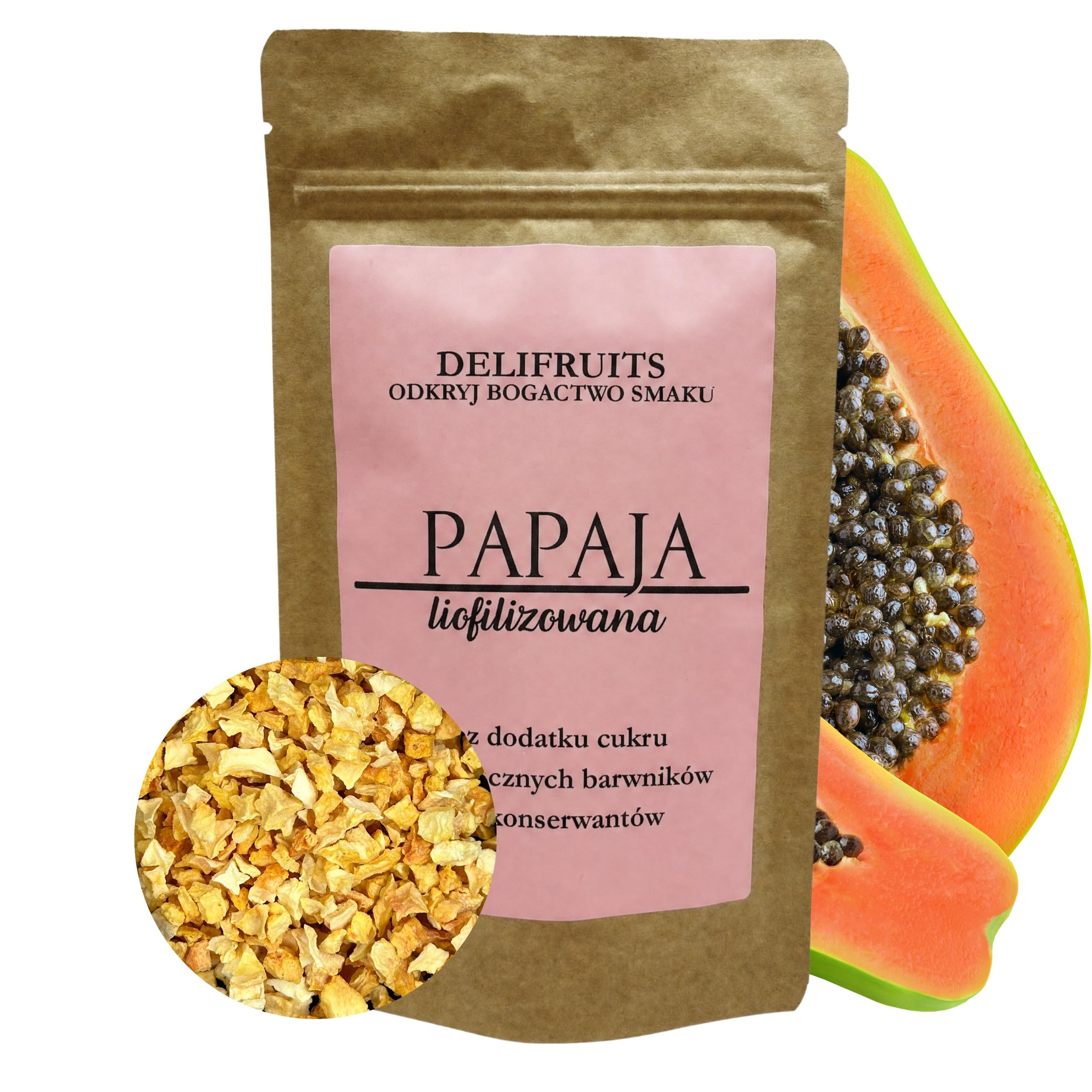 PAPAJA LIOFILIZADO 500 G DELIFRUITS GRYS FRUTA SALUDABLE, FRUTA LIOFILIZADA Y FRUTOS SECADOS SIN AZÚCAR Y SIN CONSERVADOS
