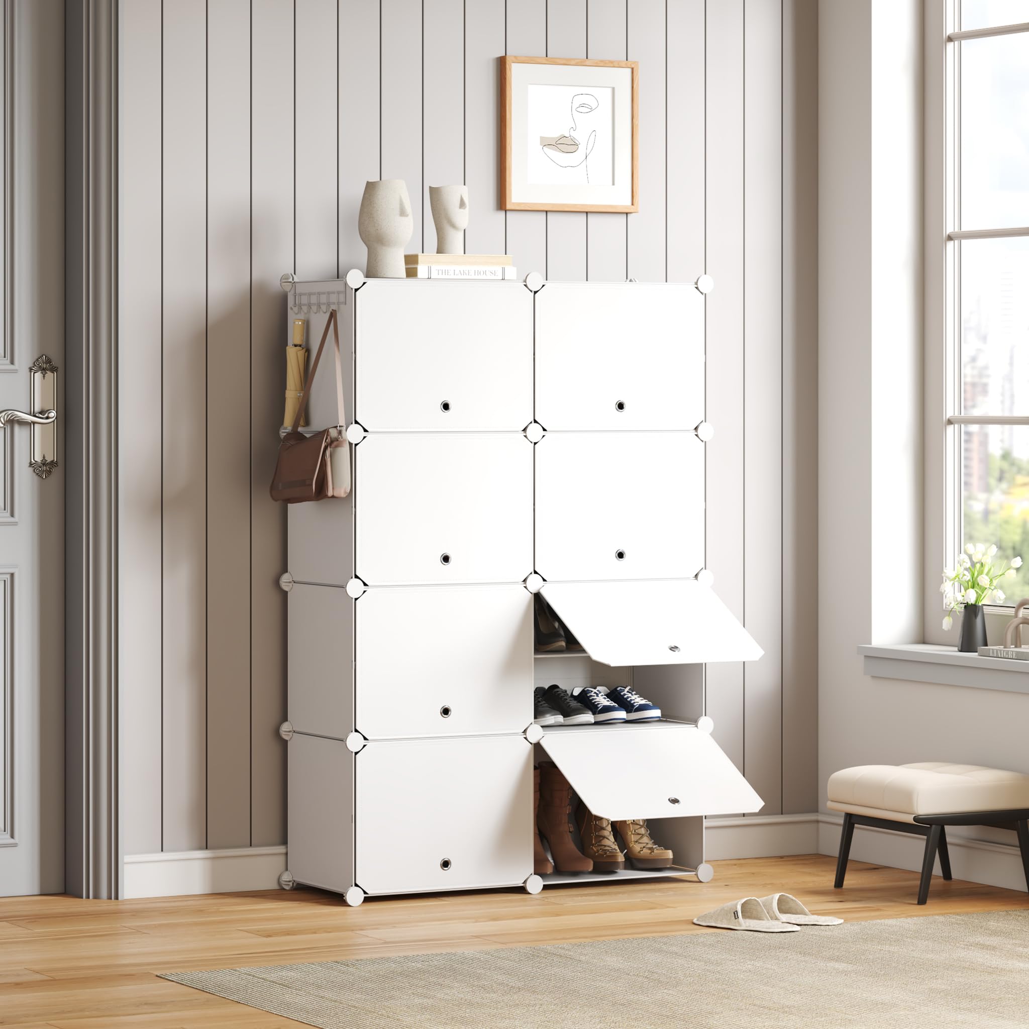 Mondeer Schuhregal, 8-stufiger Kunststoff Schuhschrank, Modulares Schuhaufbewahrung, Staub- und Wasserabweisend, Platzsparendes, hält 32 Paar Schuhe für Foyer, Schlafzimmer, Wohnzimmer, Weiß