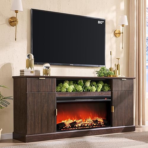 Modern Fluted Fireplace TV Stand with 36" Electric Fireplace for 80 Inch TV, 31" Tall Entertainment Center with 2 Drawers and Adjustable Shelves, Wood Media Console for Living Room, Brown
