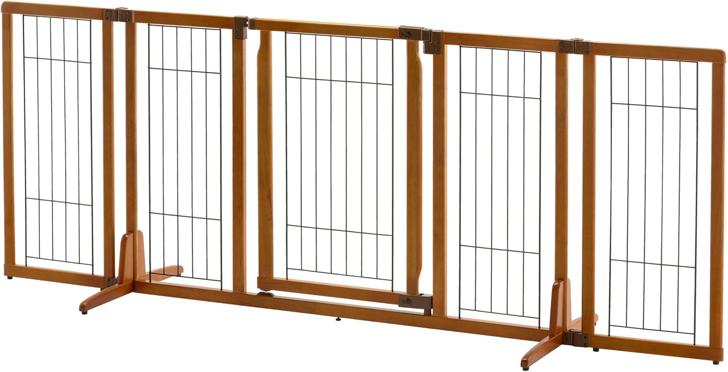 Wide Brown Rubberwood Freestanding Pet Gate with Door