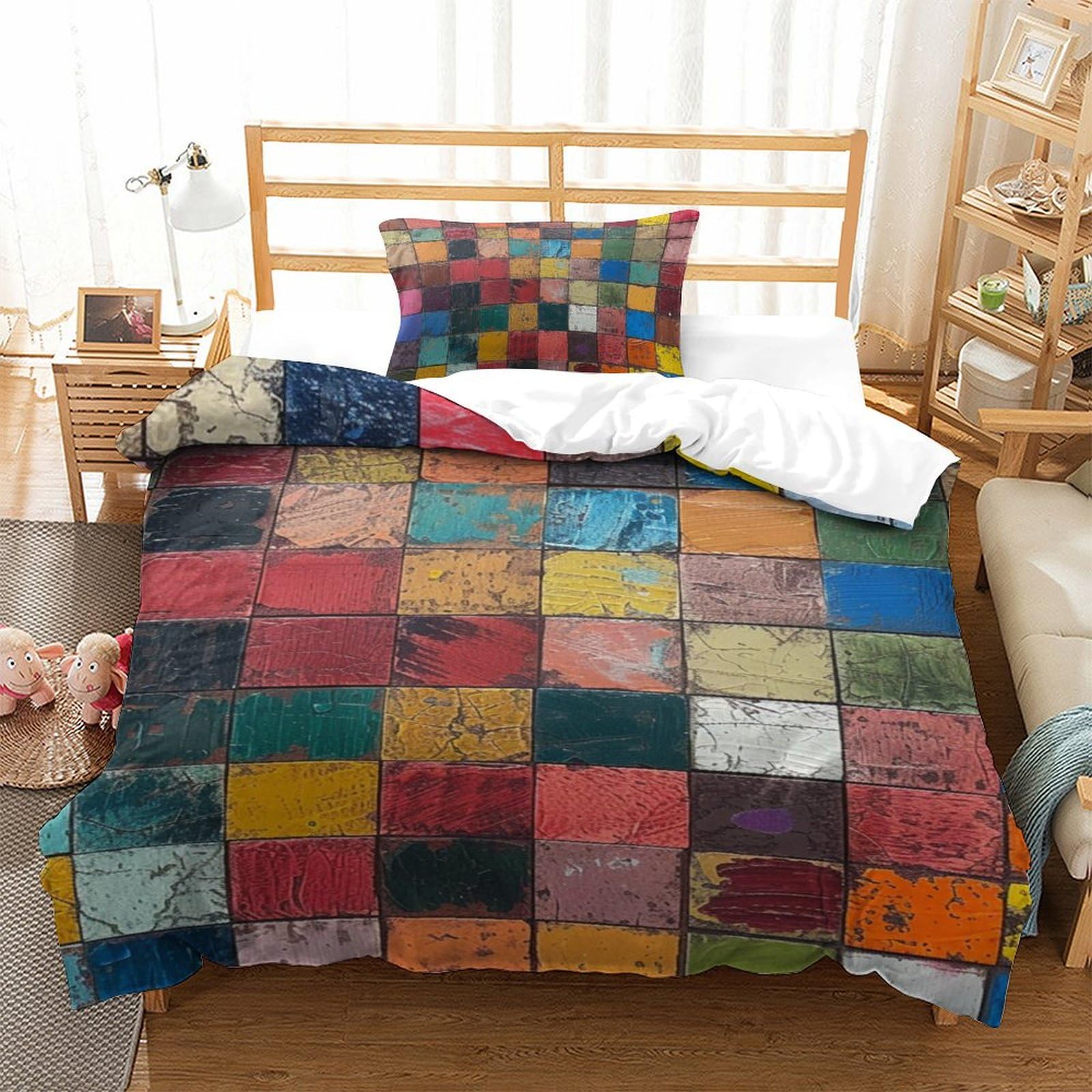 Housse de couette 3 pièces imprimé 3D blocs colorés microfibre 135x200