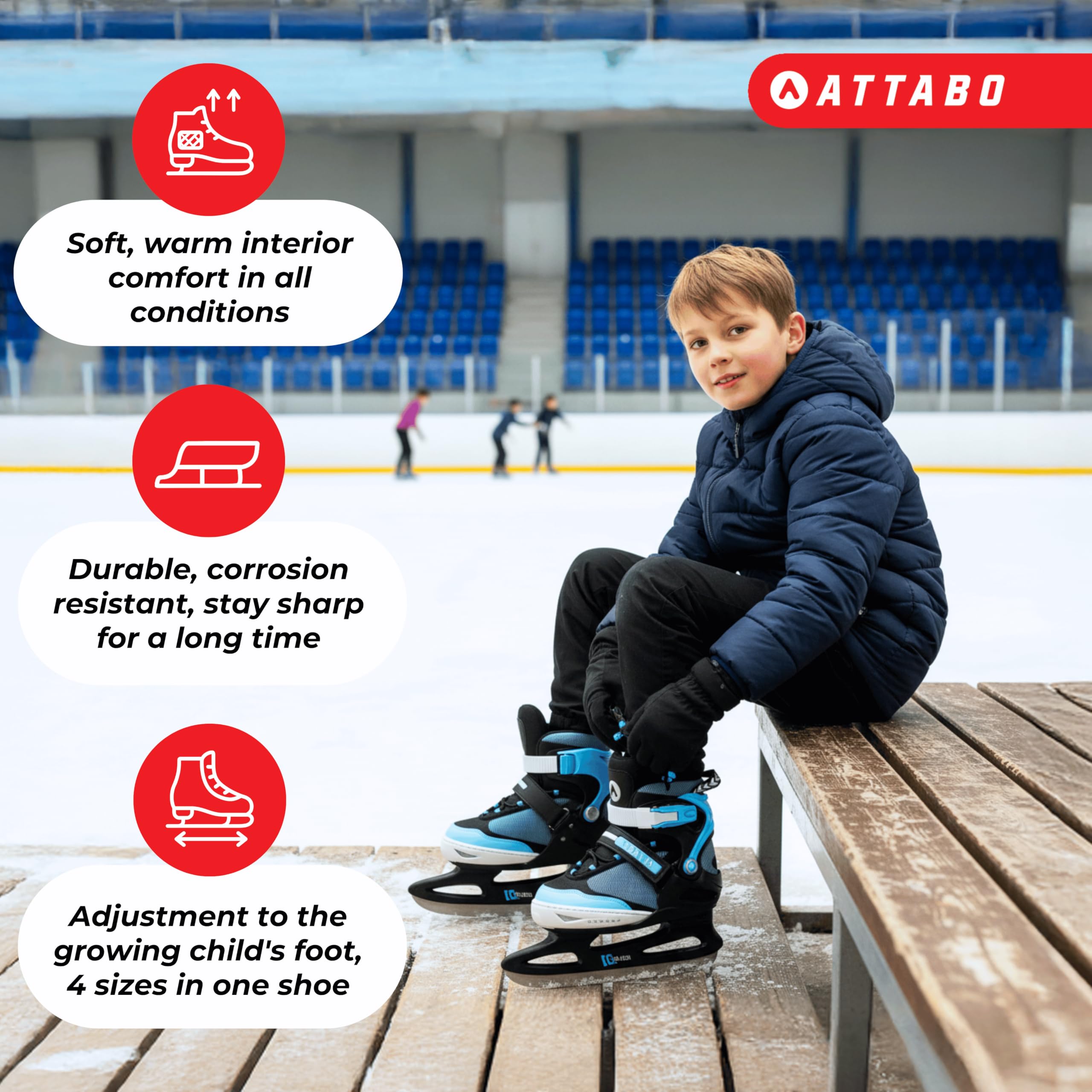 ATTABO Zolo Regulowane łyżwy rekreacyjne dla chłopców w kolorze niebieskim, rozmiar 26-41 EU, dziecięce buty do jazdy na łyżwach dla początkujących, z 5-stopniowym dopasowaniem rozmiaru, płozy