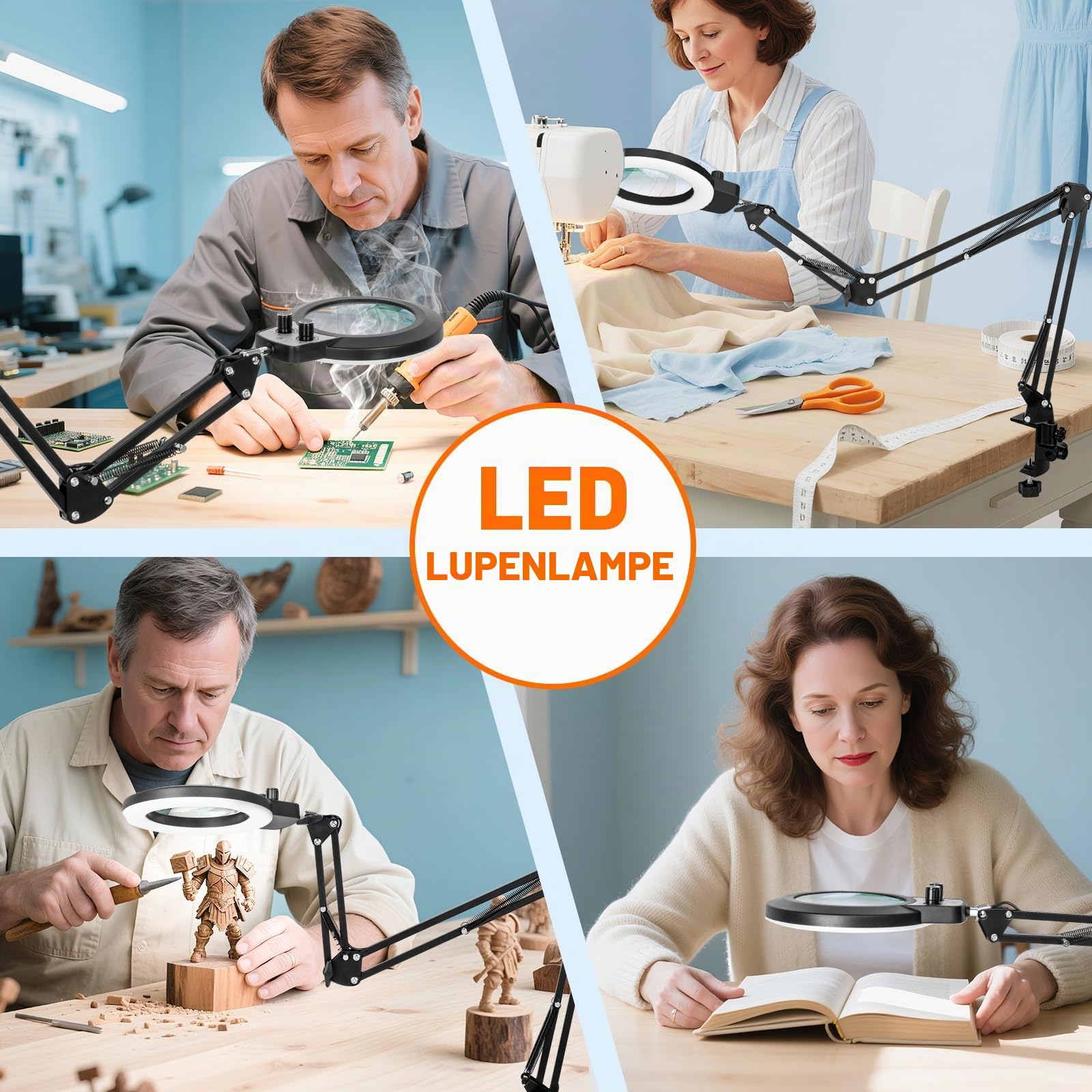 KIRKAS 12-fache Lupe mit Licht und Ständer, extra langer Armknopf | Lupenlampe für Werkbank, Handwerk, Nähen, LED-beleuchtete Lupe, Echtglaslinse, stufenloses Dimmen und Farbe (88,9 cm Klemme)