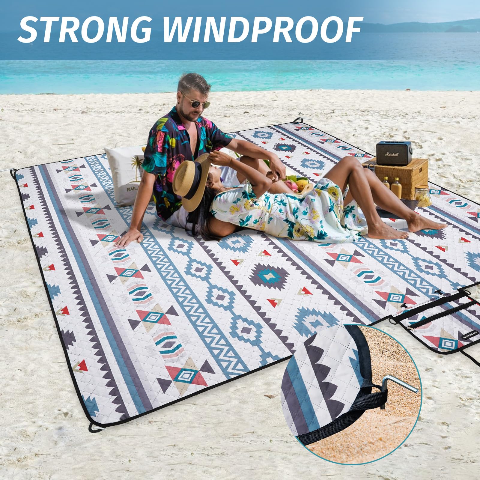 Coperte da picnic extra large – Coperta da spiaggia impermeabile a prova di sabbia con tracolla, lavabile in lavatrice, coperta all'aperto con picchetti per concerti sull'erba, parco, prato