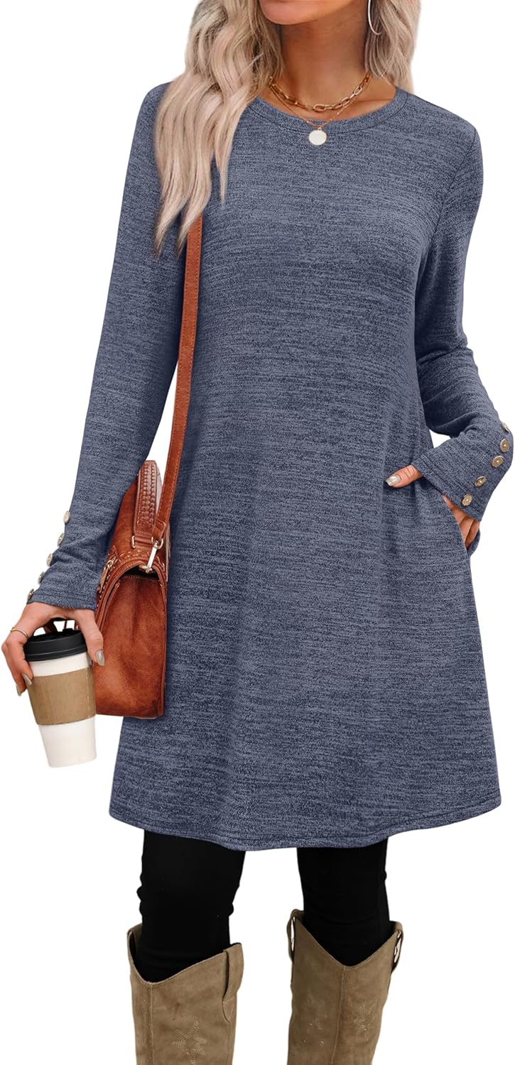 OFEEFAN Long Sleeve Dress for Women Crew Neck Tunic Dress with Pockets Decorative Buttons - Image 2