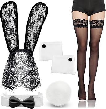 RechicGu Bunny Costume Accessories Set Rabbit Ear Headband, Flurry Rabbit Tail Bow Tie Collar Cuffs for Easter Halloween