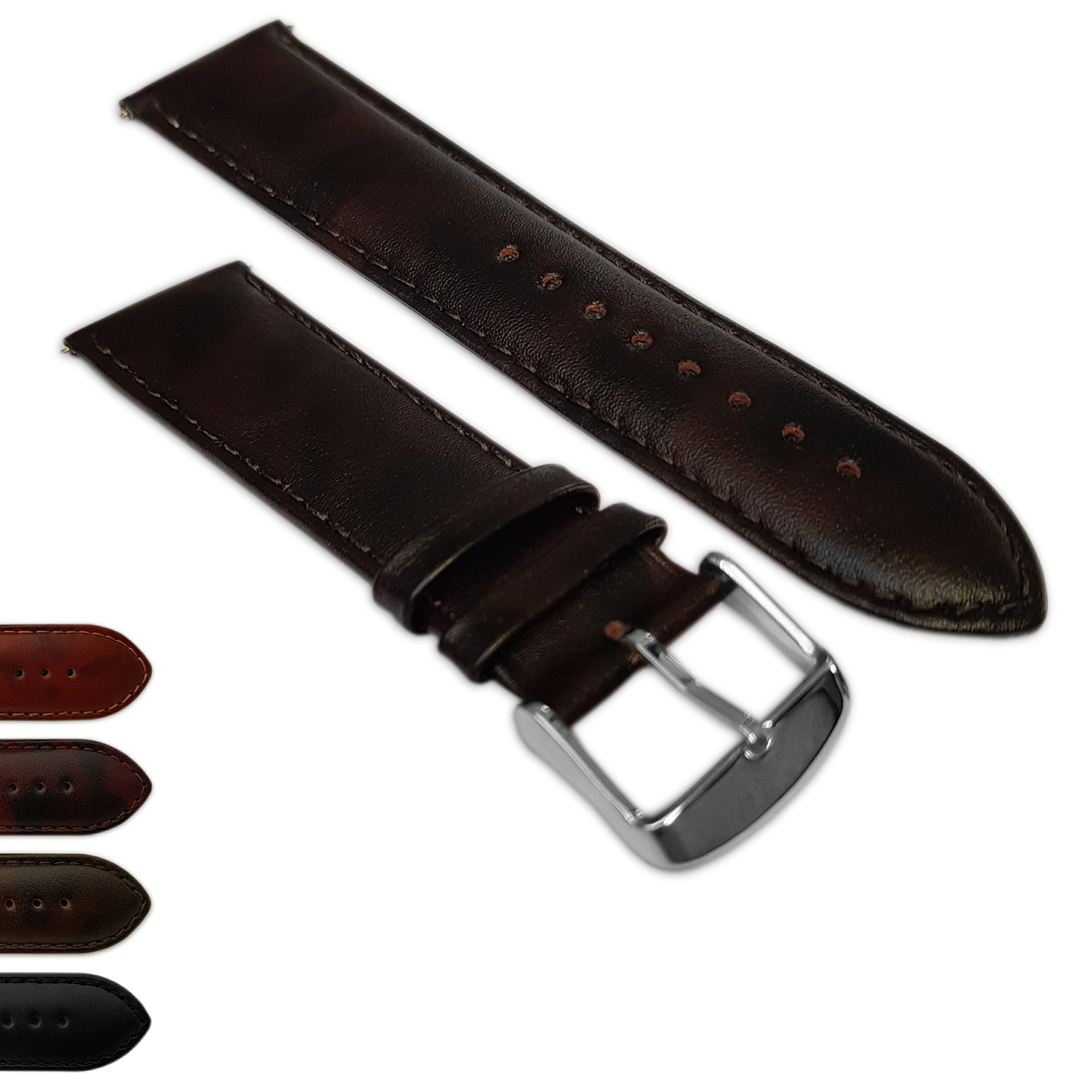 Jewellers Tools Men's Brown 22Mm Genuine English Calf Grain Leather Watch Strap Band Padded Ss Buckle Dark