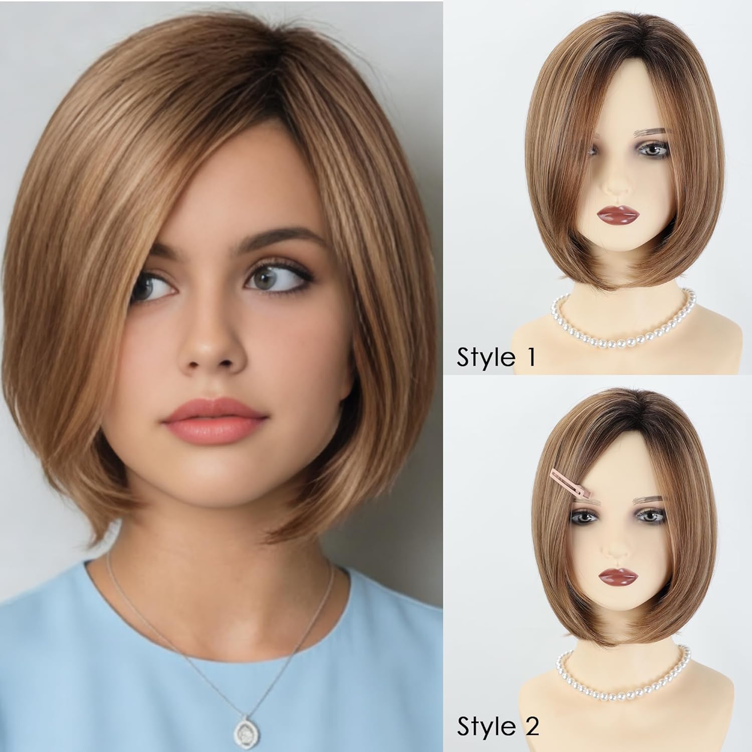 XIUFAXIRUSI XIUFAXIRUSI Short Brown Mix Blonde Highlights Classic Bob Wigs for Women Layered Straight Short Hair Wig with Side Part Dark Root Natural Synthetic Wig - Image 9