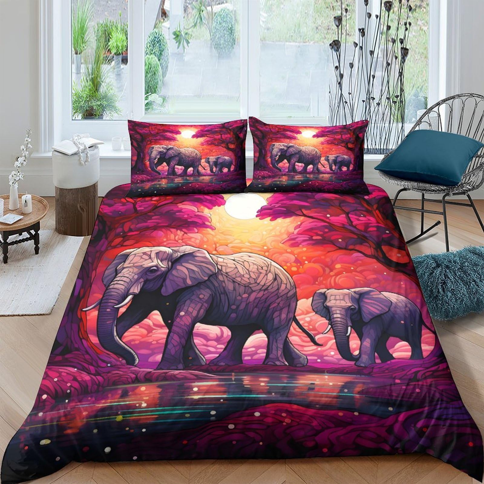Ctjqhvkz Style-3 3D Printed Sunset Elephant Fitted Sheet Microfiber Soft Breathable Forest River Bed Cover For Bedroom Decor Single（135X200cm）