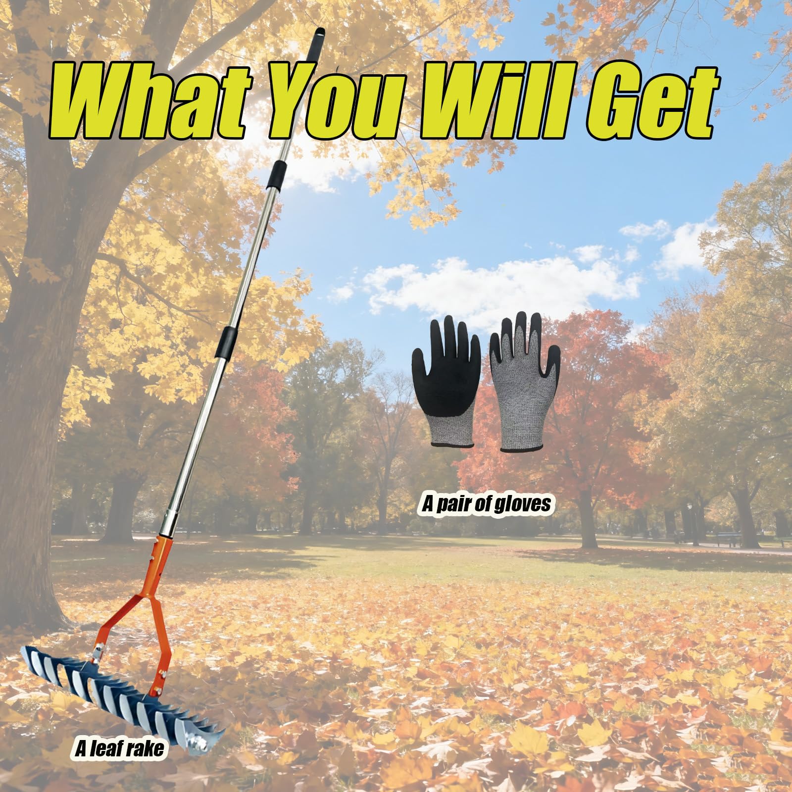 Rastrillo de jardín con Guantes, nivelador de Hojas de Acero Inoxidable de Doble Cara, Mango Ajustable de 135 cm, Resistente para césped, Tierra y Grava, Ideal para parterres y huertos.