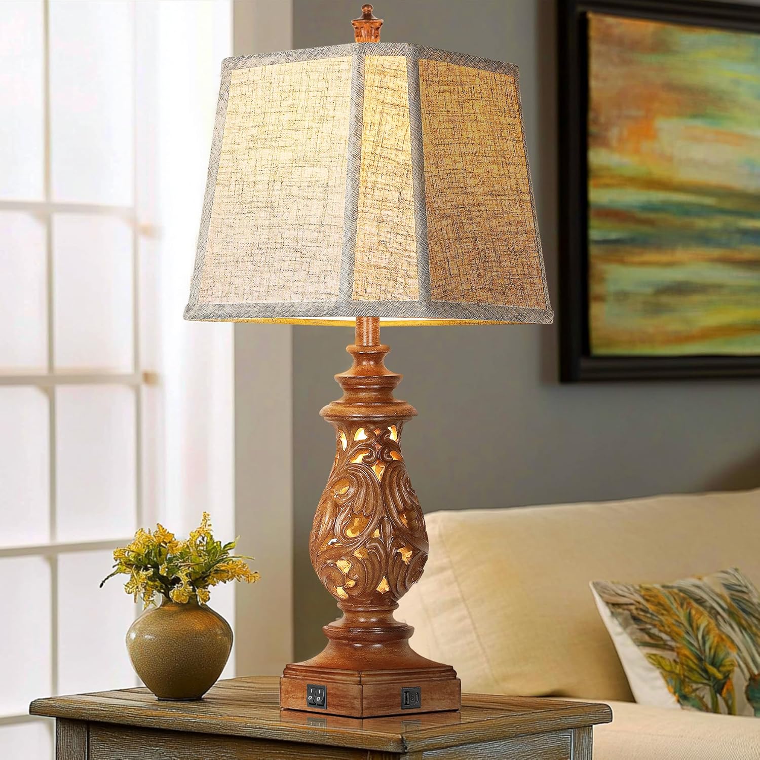 PARTPHONER 29" Table Lamps Set of 2, Bedside Lamps with USB A+C Ports & Night Light, Farmhouse Nightstand Lamps with Linen Fabric Shades for Bedroom Living Room, Wood Grain (LED Bulbs Included)