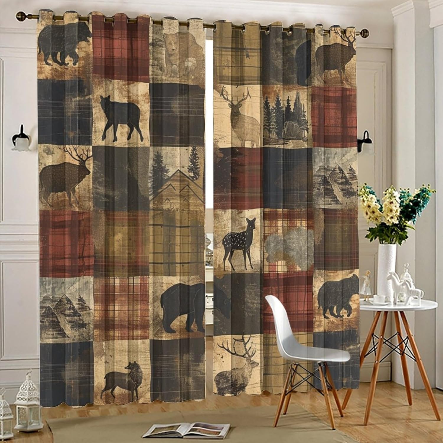 Farmhouse Elk Deer Grommet Blackout Curtains for Bedroom, Retro Rustic Animals Bear Thermal Insulated Curtains Room Darkening Window Drapes, 21W x 45L, 2 Panels