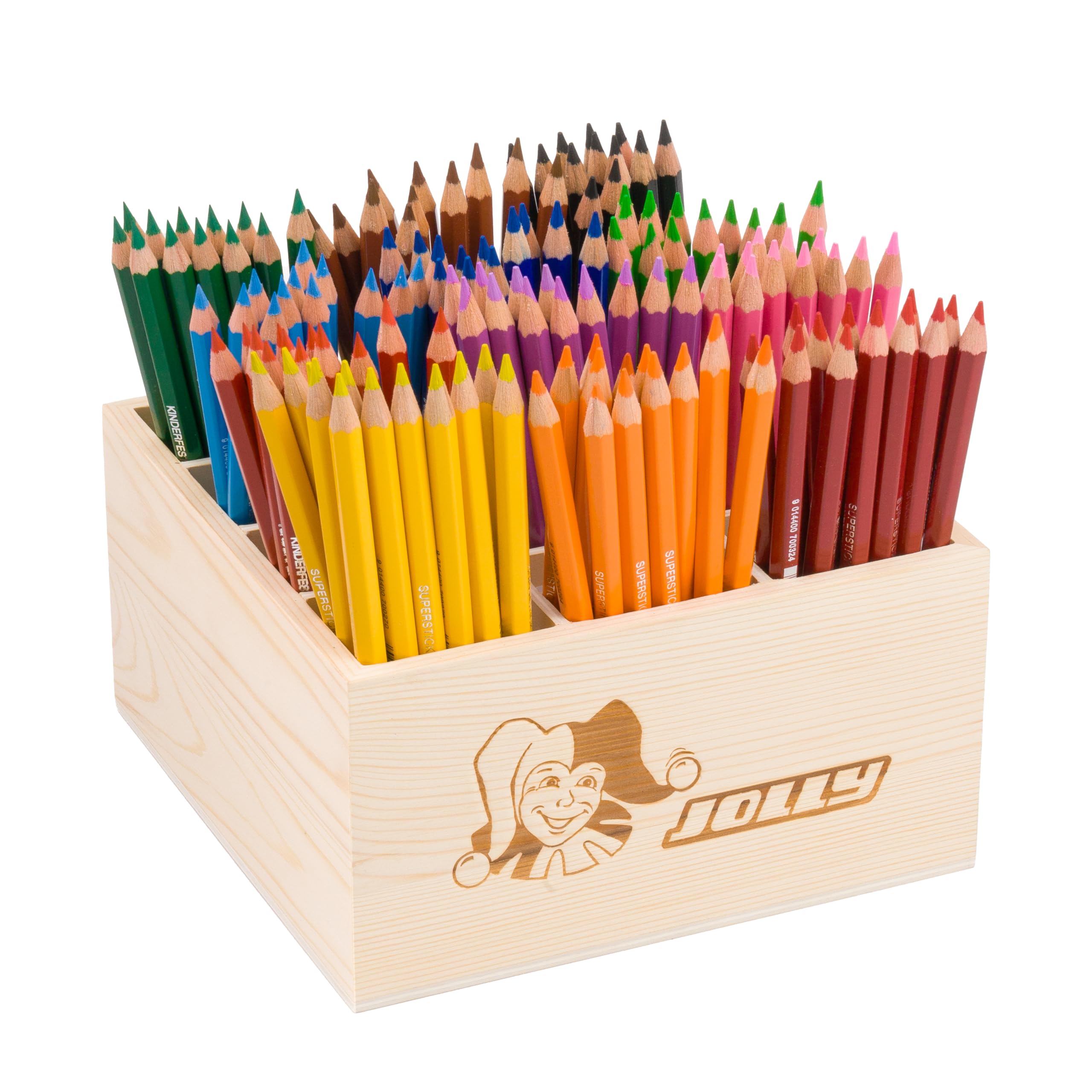 JOLLY Classpack – Wood, Supersticks Classic, Basic Colours, scatola di legno con 144 matite colorate, 12 colori di base, infrangibile e atossico, ideale per la scuola e l'asilo