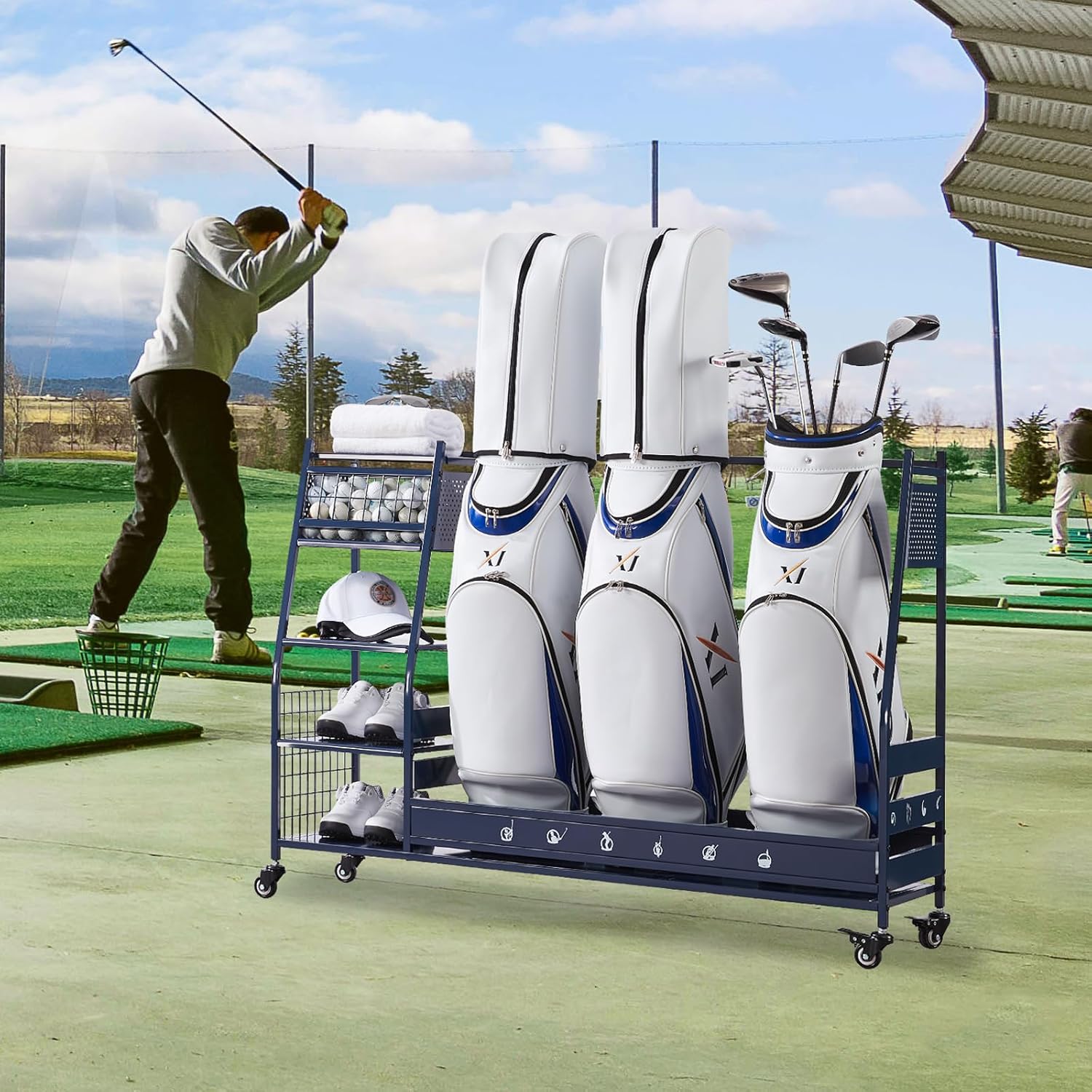 Lauren&Harold Golf Bag Organizer Garage Storage, Golf Storage Rack Stand Fits 2 Golf Bags, Golf Clubs and Other Golfing Equipment Accessories, Golf Organizer for Garage, Club, Shed, Basement