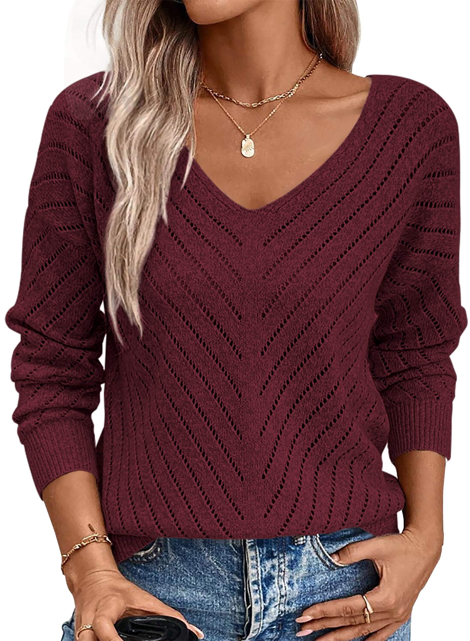 RANPHEE Lightweight Sweaters for Women 2025 Fall Long Sleeve V Neck Hollow Out Crochet Pullover Knit Shirts Daily