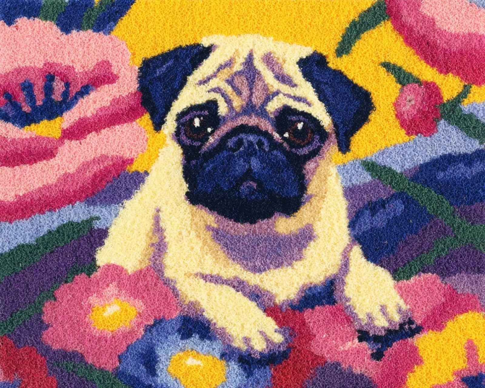 Wallphantom Latch Hook Rug Kits for Adults Beginners,Pugs and Flowers,Latch Hook Kits for Bedroom,Living Cushion Adult Craft Gifts,52x38cm