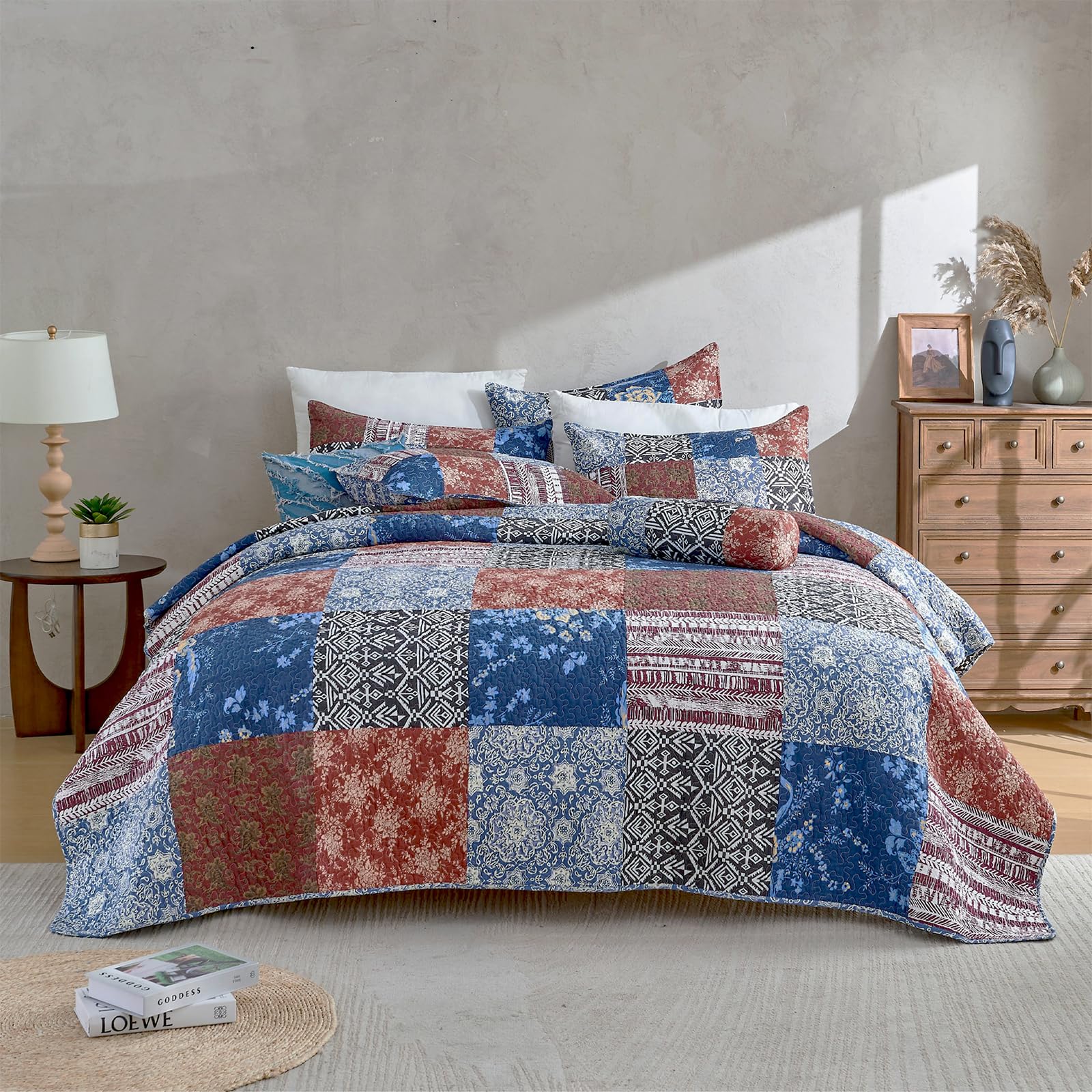 Real Patchwork Quilt Bedding Set Country Farmhouse Coverlet 100% Cotton Reversible Handmade Bedspread Queen Size (90 * 90 Inch)…