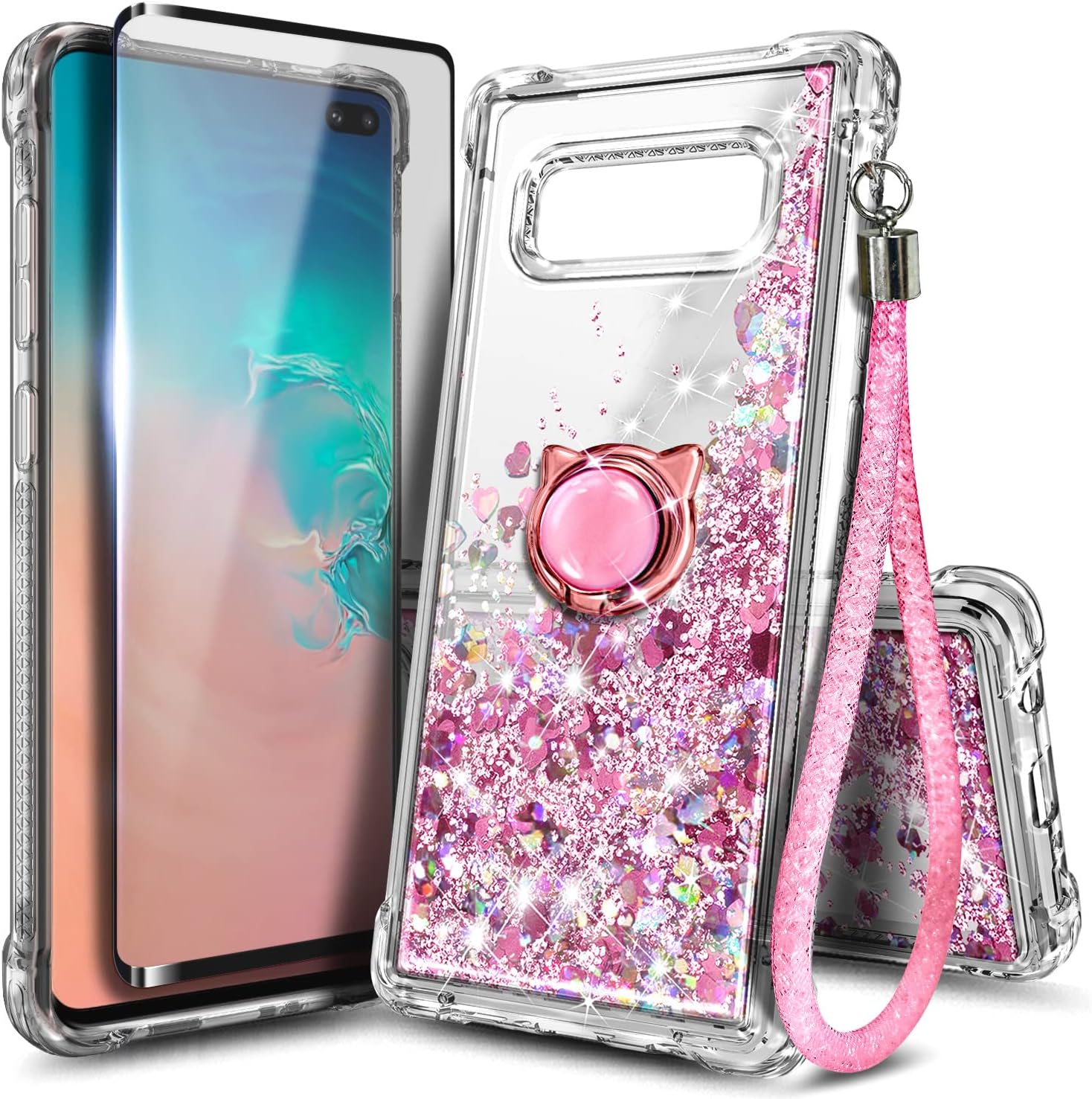 E-Began Case for Samsung Galaxy S10E with Screen Protector (Maximum Coverage, Flexible TPU Film), Ring Holder/Wrist Strap, Sparkle Glitter Flowing Liquid Women Girls Cute Case -Rose Gold