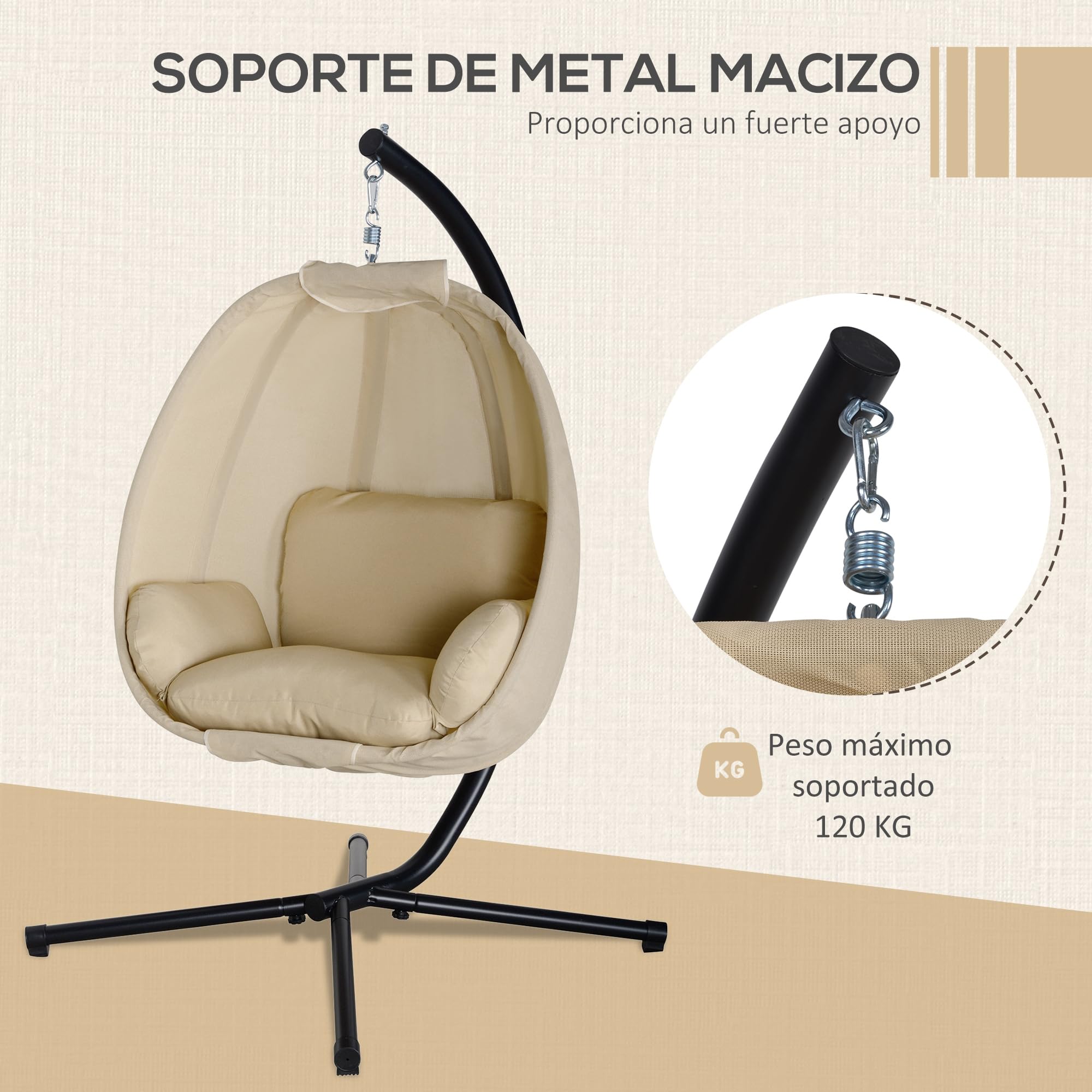 Outsunny Silla Colgante Huevo con Soporte Columpio Jardín Exterior con Cesta Plegable y Cojín Columpio Colgante para Interior y Exterior Carga 120 kg Caqui