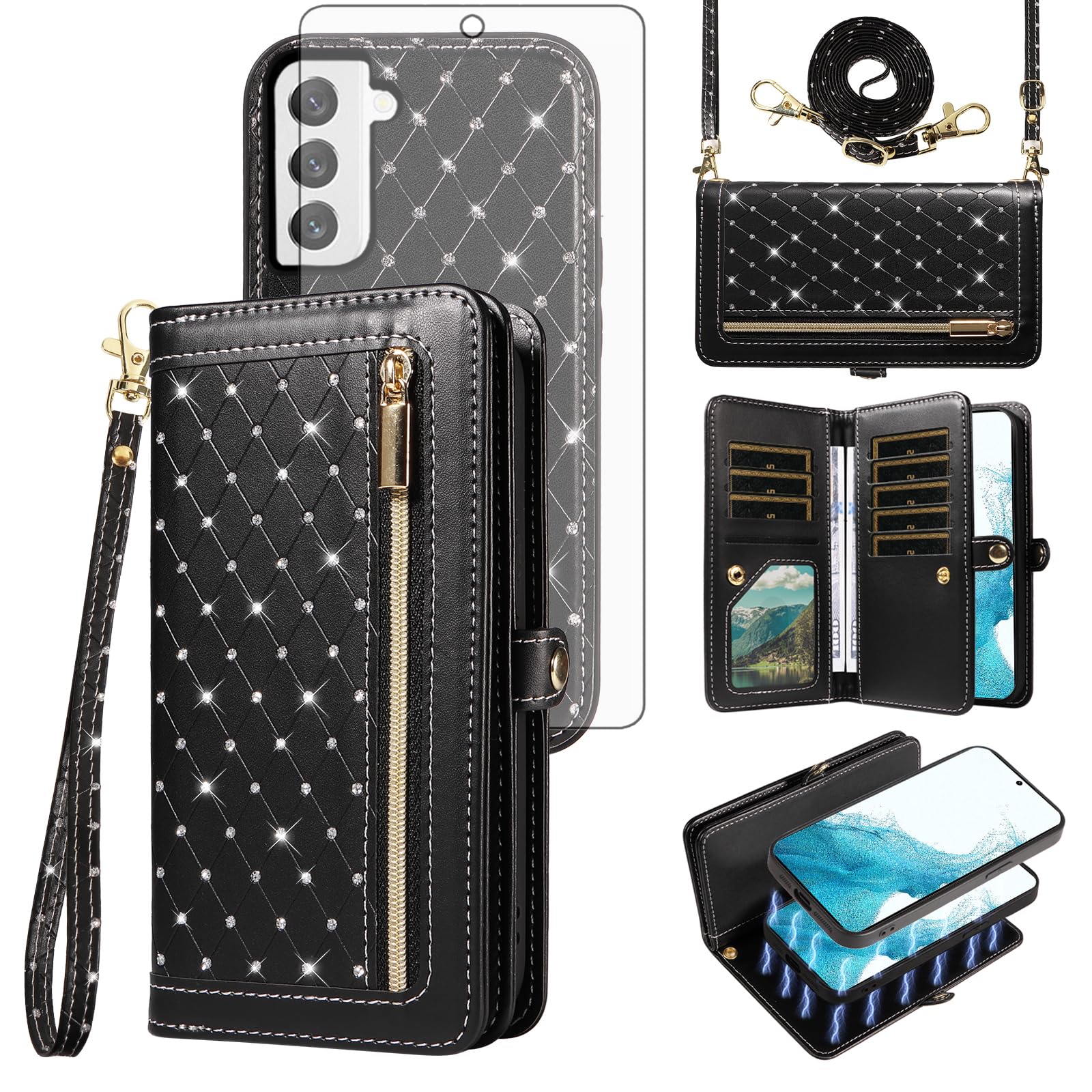 Asuwish Phone Case for Samsung Galaxy S22 5G Zipper Wallet Detachable Cell Cover with Tempered Glass Screen Protector Crossbody Strap Bling Flip