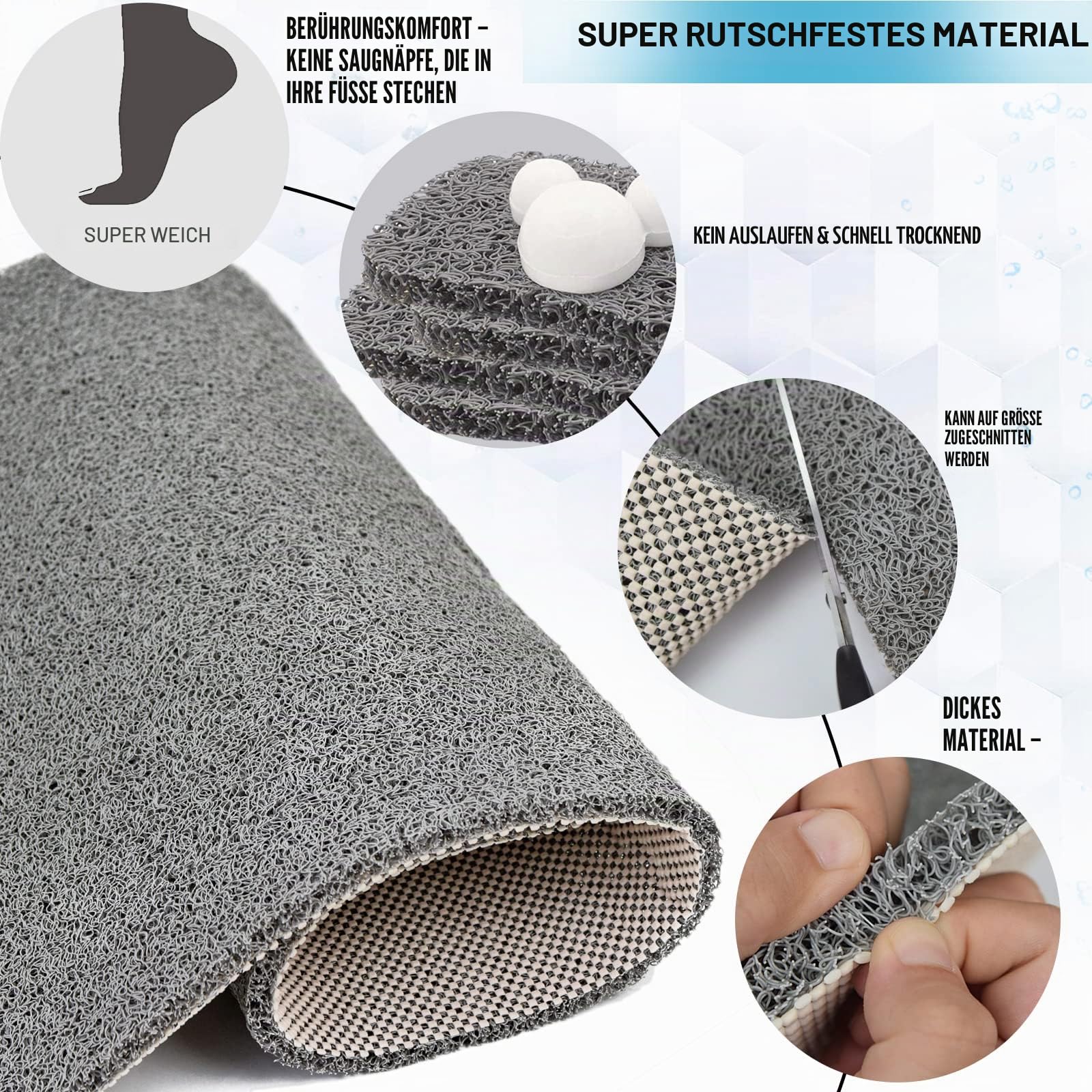 Extra große Duschmatten, rutschfest, ohne Saugnäpfe, 50 x 120 cm, Badematte für strukturierte Wannenoberfläche, Luffa-Matten für Dusche und Badezimmer, schnell trocknend, Grau